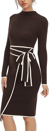 Long Sleeve Sweater Dress for Women Turtle Neck Bow Dresses for Women Bodycon Work Midi Dresses Old Money Fall Winter