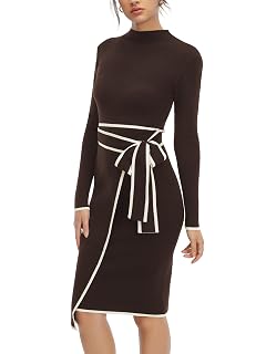 Long Sleeve Sweater Dress for Women Turtle Neck Bow Dresses for Women Bodycon Work Midi Dresses Old Money