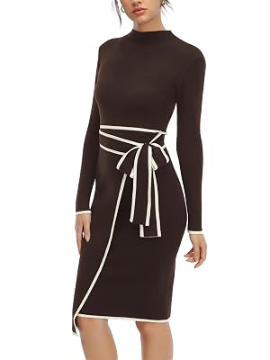 Long Sleeve Sweater Dress for Women Turtle Neck Bow Dresses for Women Bodycon Work Midi Dresses Old Money