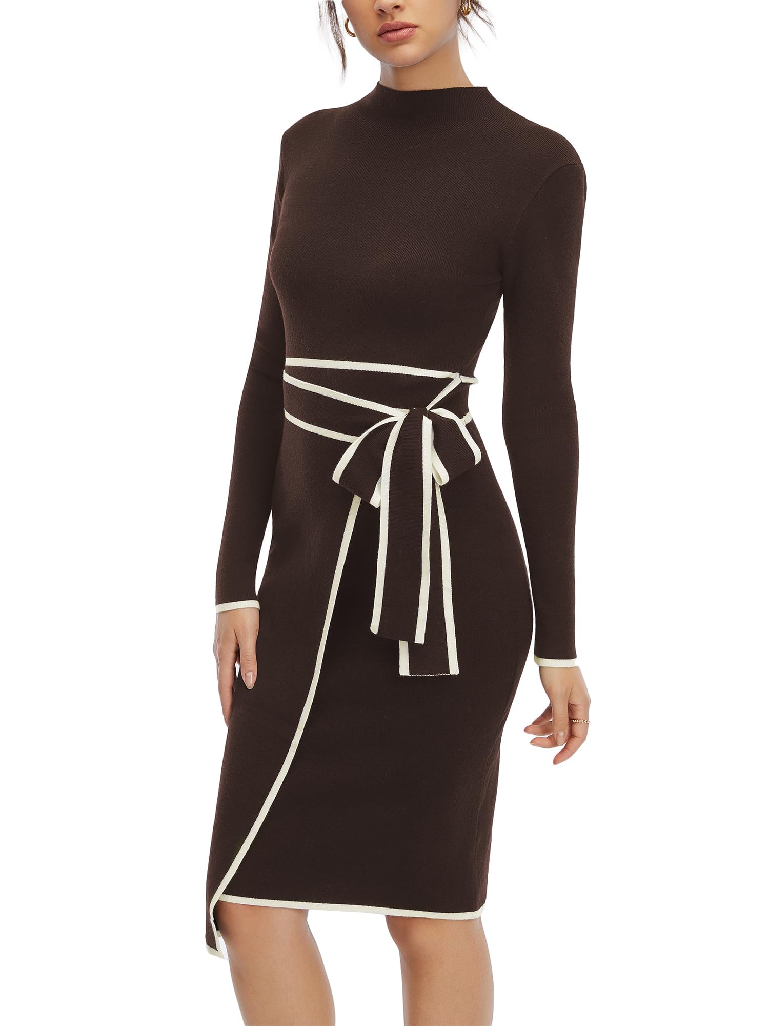 Long Sleeve Sweater Dress for Women Turtle Neck Bow Dresses for Women Bodycon Work Midi Dresses Old Money