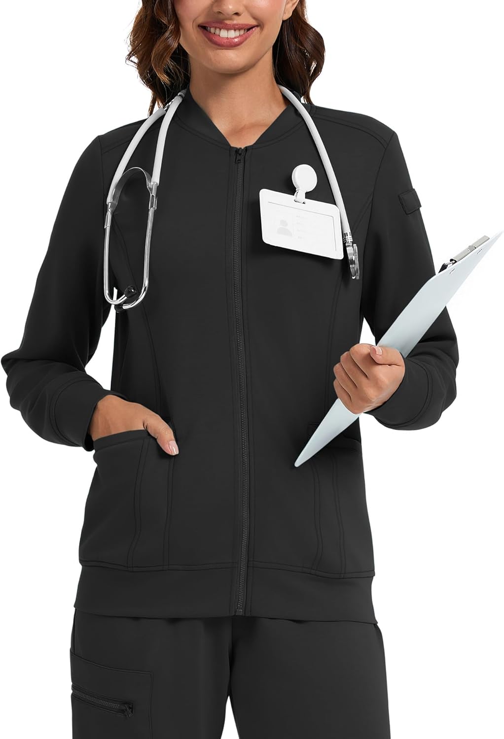 LOMON Scrub Jackets for Women Zipper Bomber Jacket Medical Nurse Coats with Pockets