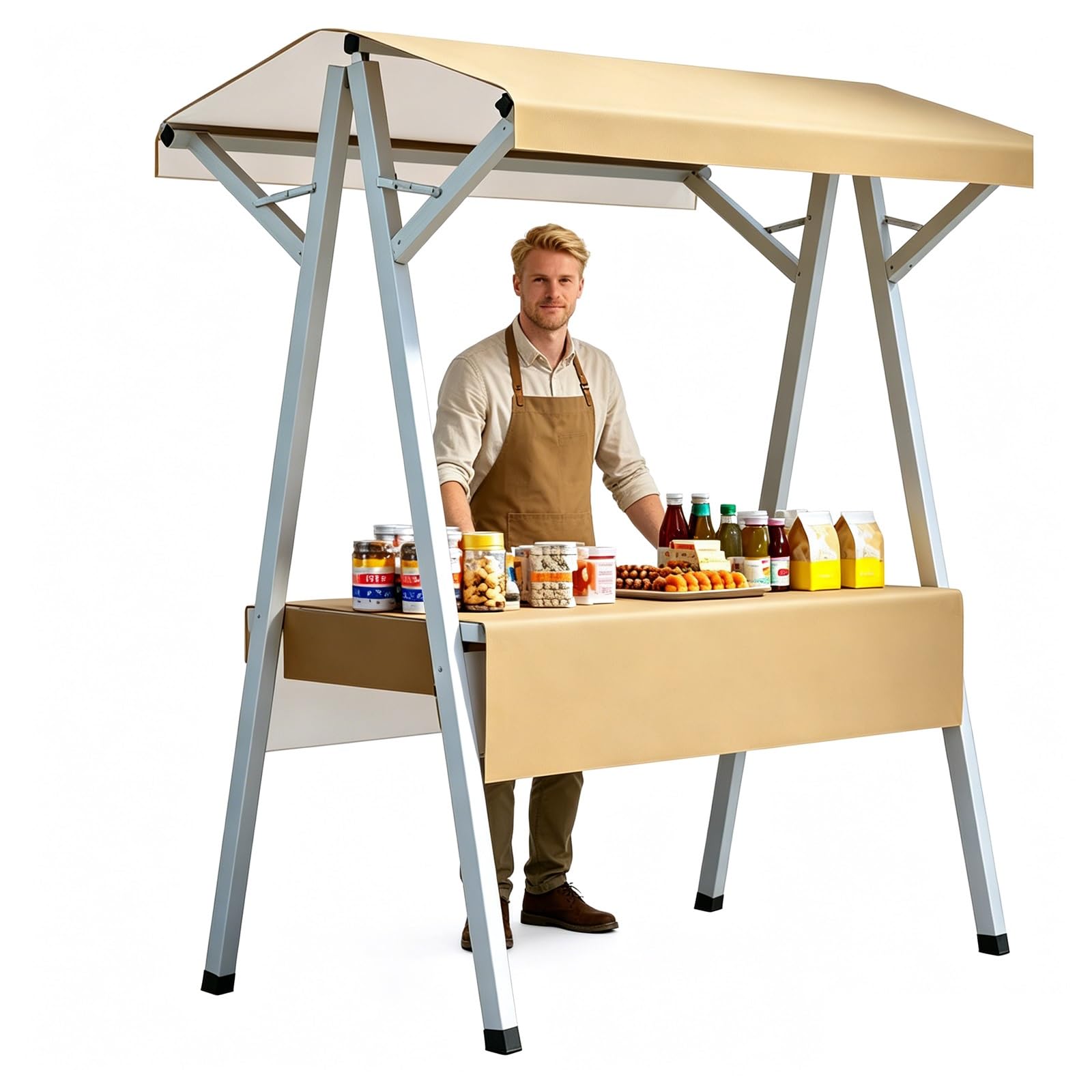 WANGCEPLSD Foldable Farmers Market Stand, Carbon Steel Structure Bearing 440lbs, Vendor Cart, with Waterproof Canopy and Tablecloth, for Craft Shows, Bazaars, Retail(Beige,160cm/63in)