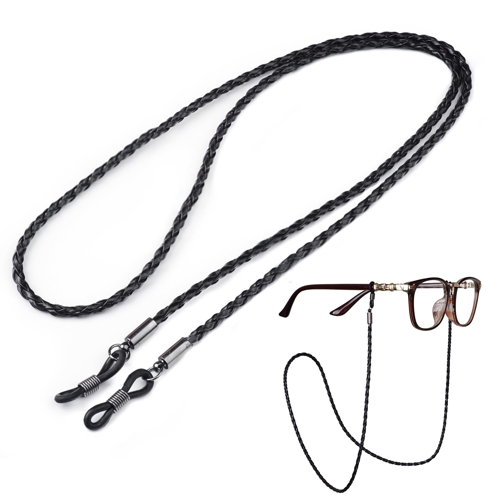 Nodcows 2 Piezas Cordón Gafas Premium, 70cm Cuerda Gafas Resistentes a los Rayos UV Correas para Gafas de Goma y Tela, Cordones para Gafas Impermeable de Cuero PU para Gafas de Sol y Gafas de Lectura (Negro)