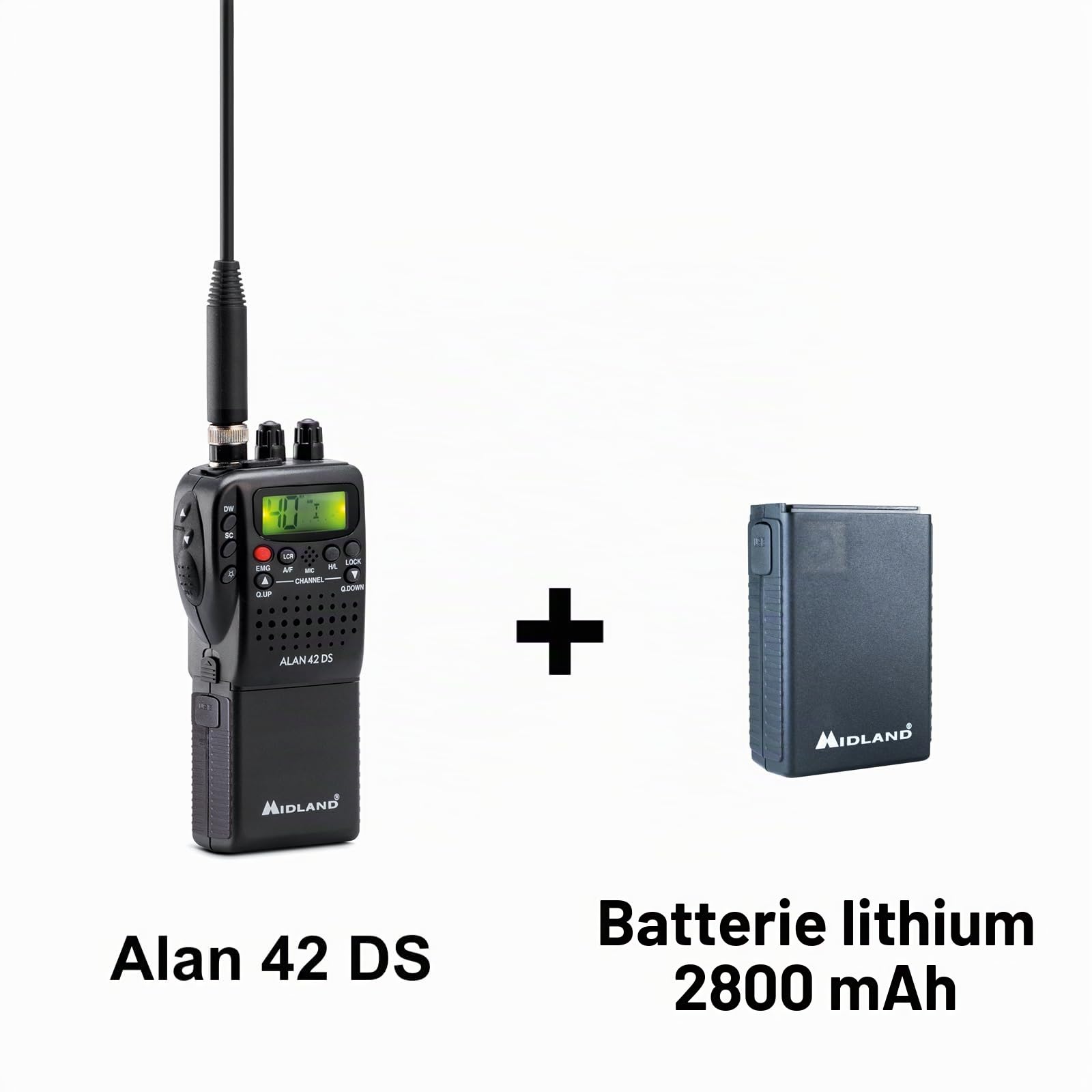 Midland Alan 42 DS Powerbundle CB Radio CB Multi Bande AM/FM et Batterie au Lithium commutable à n'importe Quelle Norme européenne avec Accessoires à 2 Broches, Anti-Bruit numérique, Son Puissant,