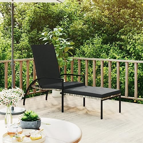 Kaloriko Chaise Longue Gris en résine tressée avec Repose-Pied et Coussin Anthracite pour Jardin terrasse Balcon Piscine, Fauteuil Relax inclinable avec...