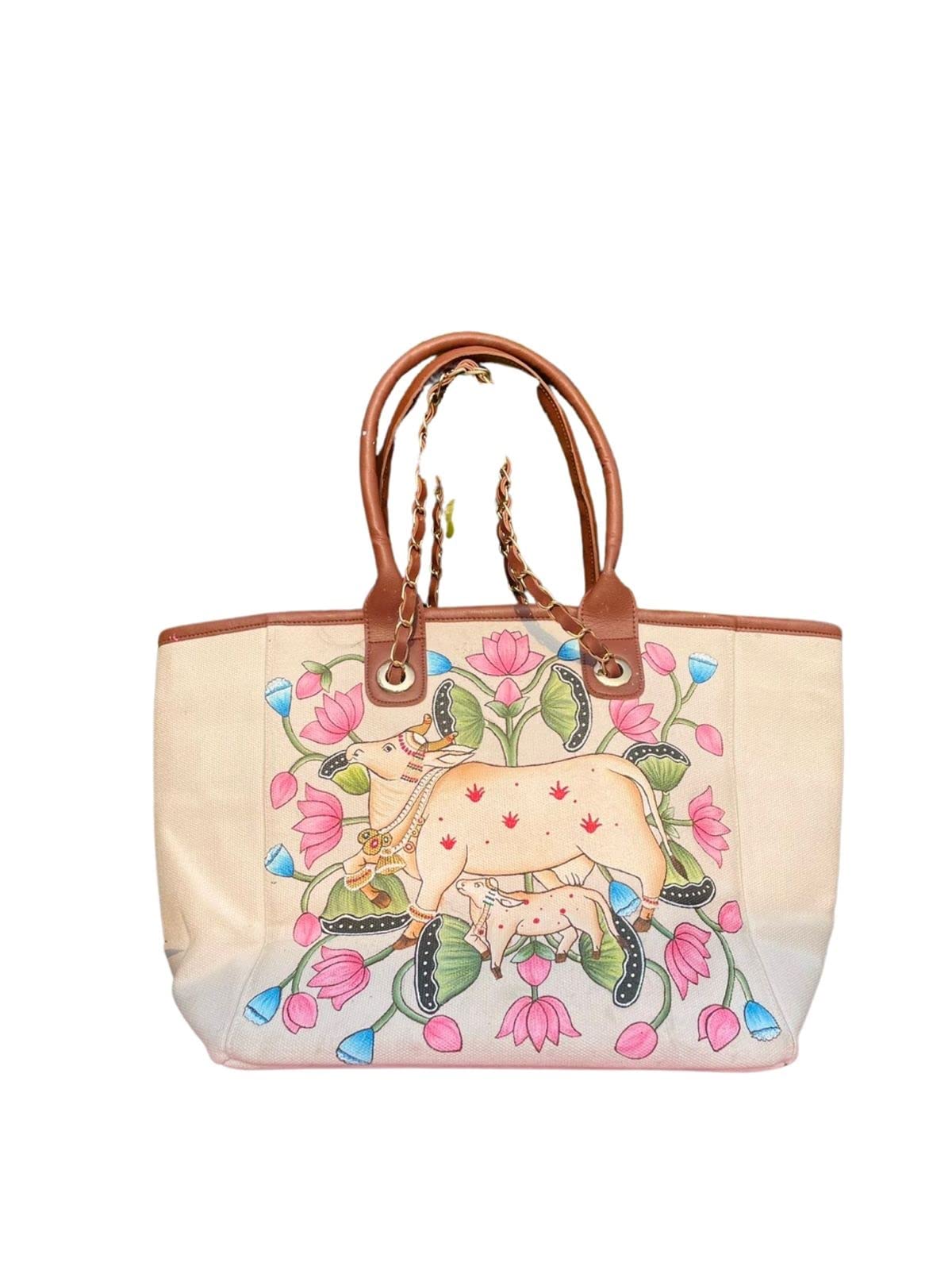 WHIMSY CIRCLE White Tote Personalized Cotton canvas Fabric Nandi Print Hand Bags For Women