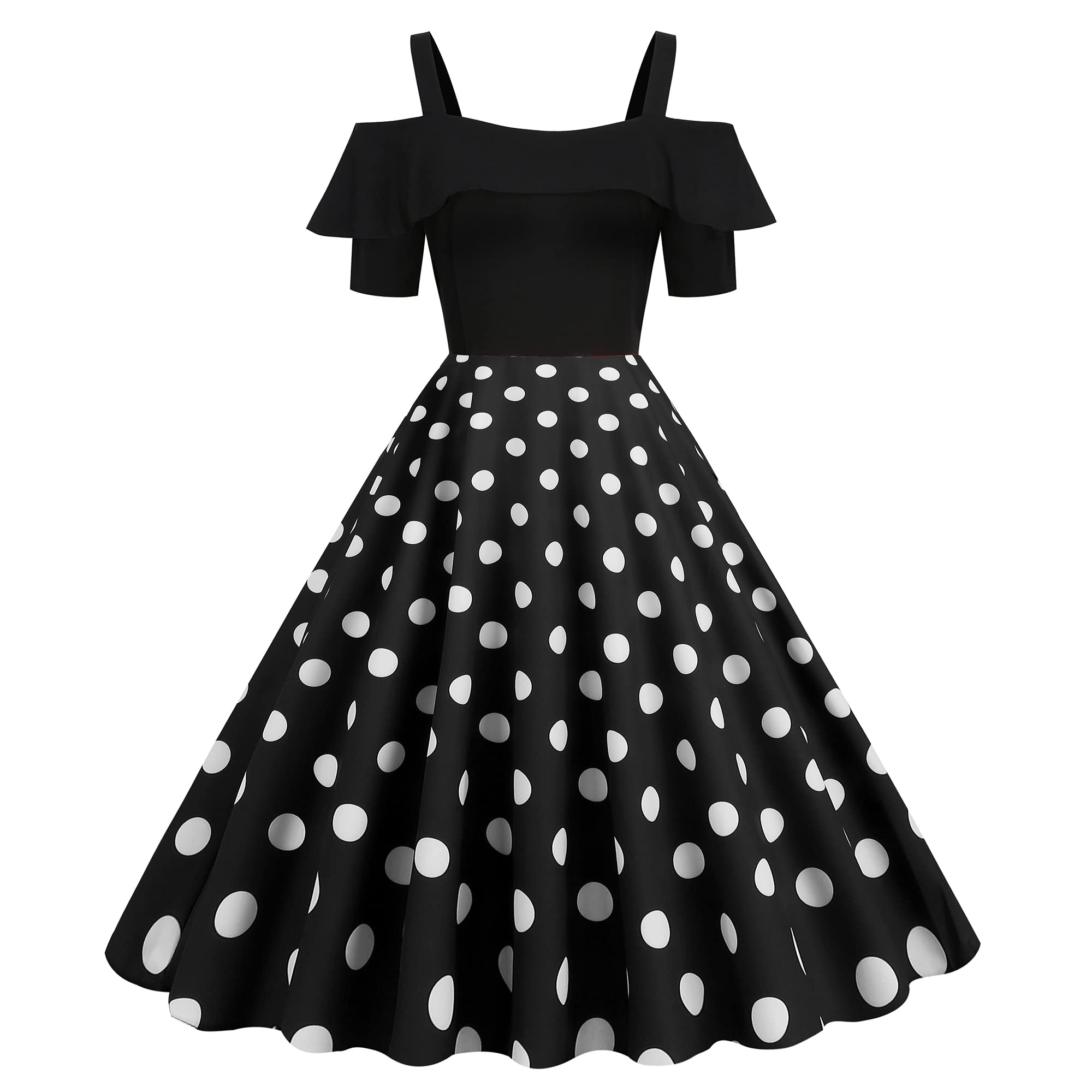 Wellwits Femme Robe Vintage des Années 1950 avec Bretelles Volantes Pois