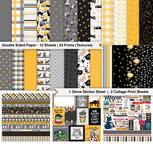Inkdotpot Black & Yellow Cat Theme Collection Double,Sided Scrapbook Paper Kit Cardstock 12"x12" Card Making Paper Pack of with Sticker Sheet - 16 Pages - Black & Yellow - Image 2