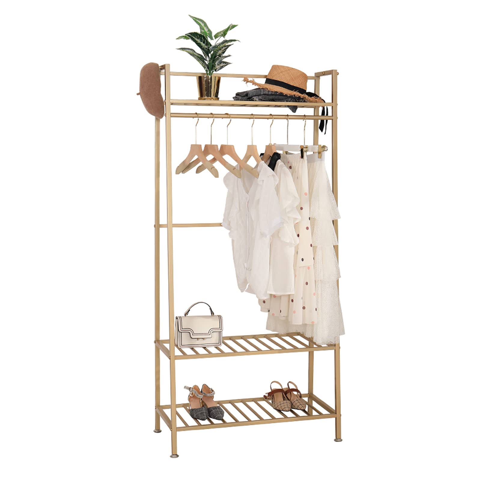 Porte-manteau en métal doré 100x38x170 cm avec double étagère de rangement