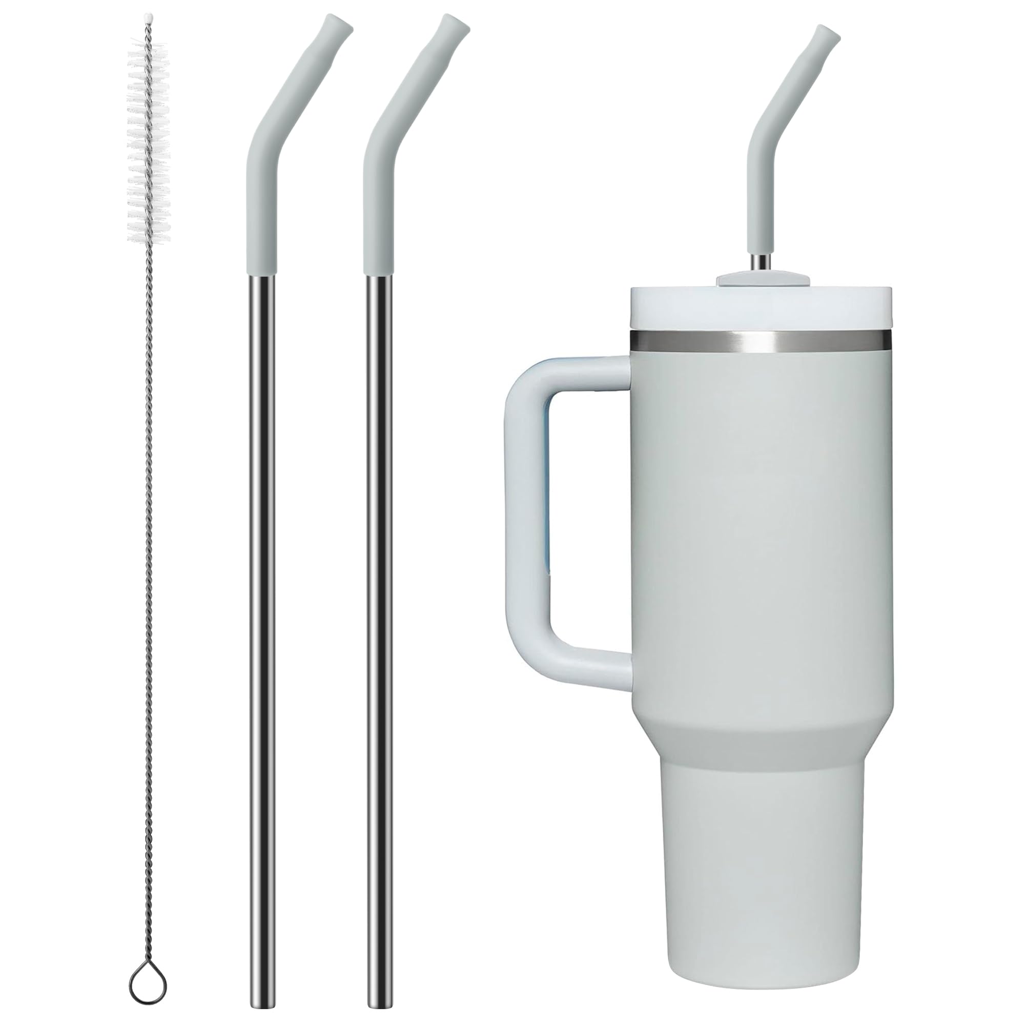 Metal Straw with Silicone Tip for 40oz Stanley Cup, 2 Pcs Stainless Steel Straws Replacement for Stanley 40 oz Adventure Quencher Travel Tumbler Cup, 1 Straw Brush (Light Gray)