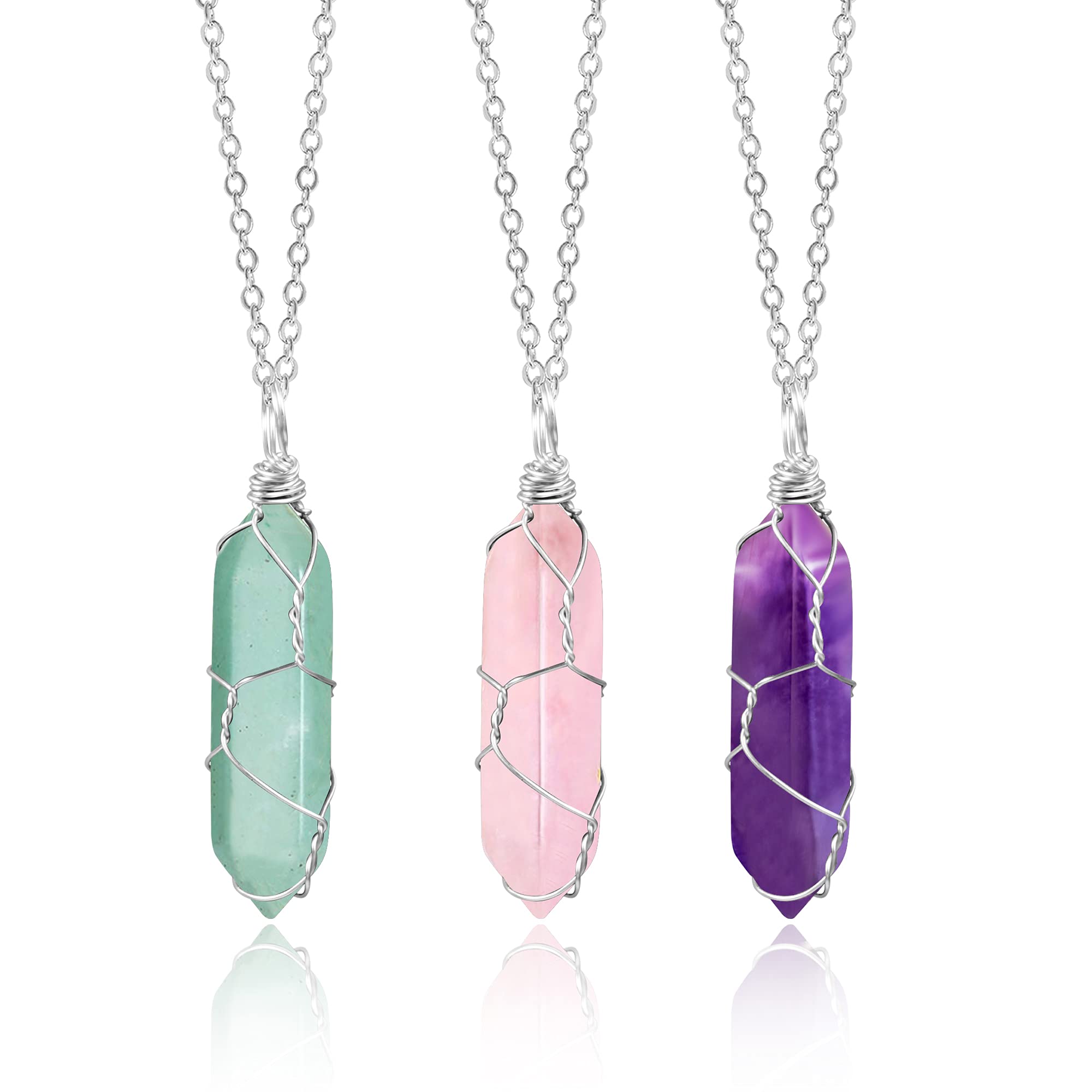 BOUTIQUELOVIN Hexagonal Natural Quartz Stone Pendant Healing Crystal Full Wire Wrap Gemstone Necklace for Women