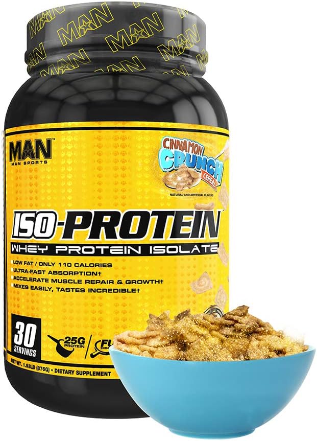 Man Sports ISO-Protein Pure Whey Protein Isolate - Build Lean Muscle - Keto Whey Protein - Accelerate Recovery - 25 Grams of Protein in Each Scoop, 30 Servings - Cinnamon Crunch Cereal