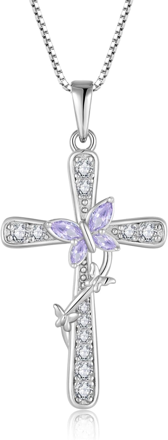 Women Butterfly Cross Necklace 925 Sterling Silver Crucifix Pendant Birthstones Jewelry Christmas Birthday Gift for Mom Wife Lover