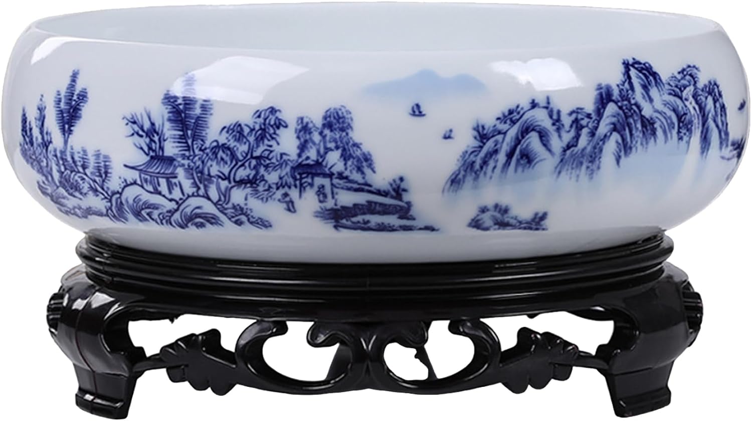 Ceramic Plant Pot, Blue and White Ceramic Lotus Bowl, Decorative Round Flowerpot, Hydroponic Container for Garden