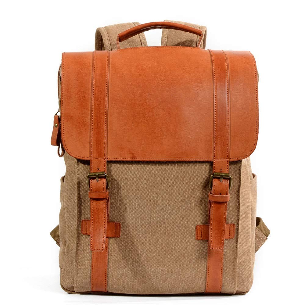 Mochila Informal de Cuero Para Hombre Unisex Canvas mochila de senderismo escolar la escuela viajes mochilas bolsas casuales(Khaki)