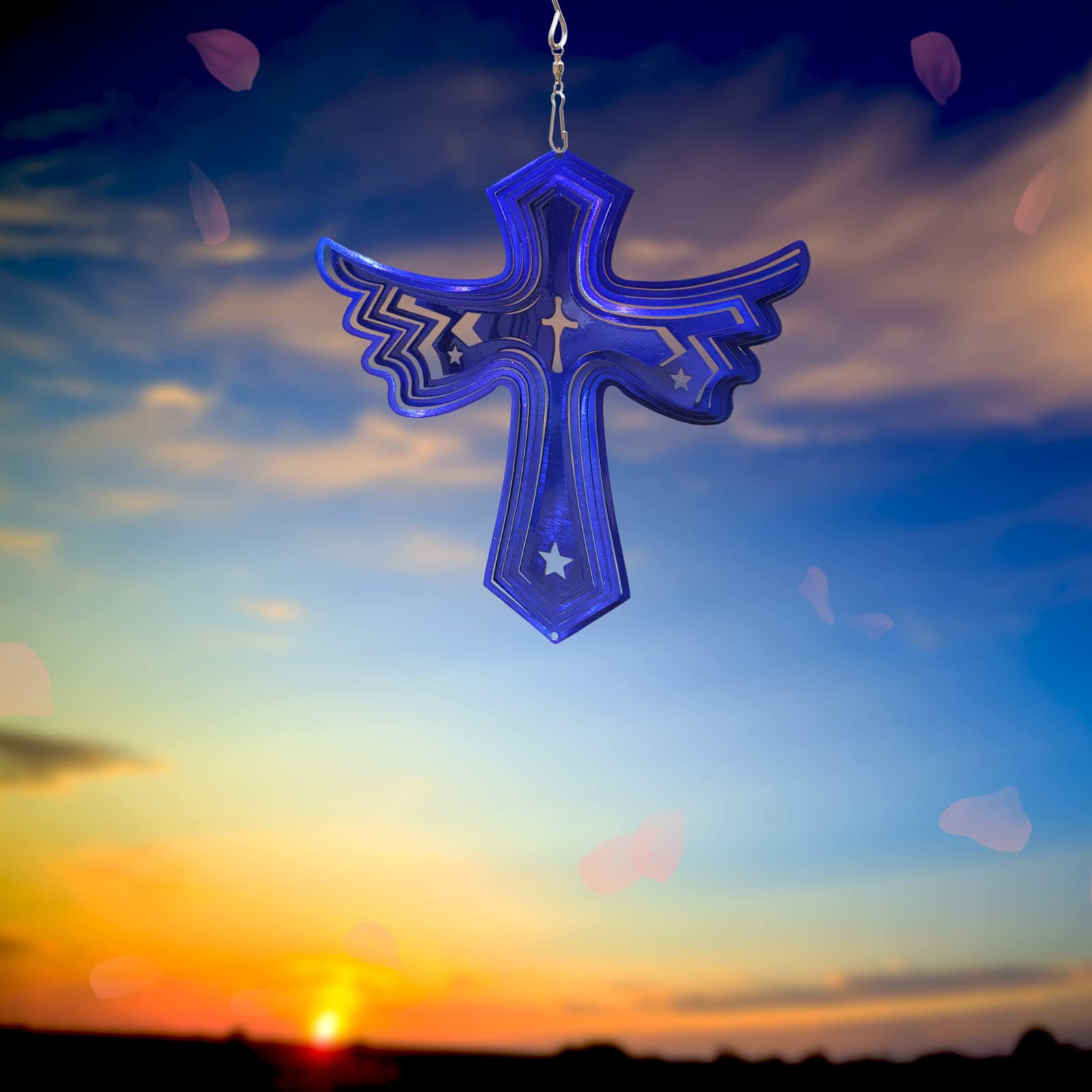 Fonmy Stainless Steel Wind Spinner Worth Gift Indoor Outdoor Garden Decoration Crafts Ornaments Metal Art Kinetic Yard Art Decorations 7.5 inch Blue Color Cross Wind Spinners