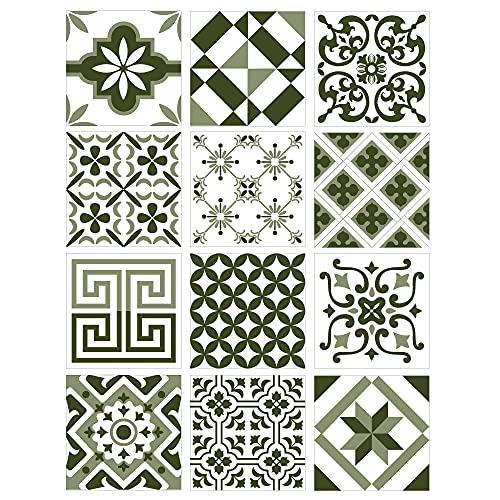 | Autocollants Carreaux | Planche de 12 Stickers Carrelage - Carreaux de Ciment - Modèle KAKI - Dimensions d'un Carreau : 10 x 10 cm - Salle de Bains...