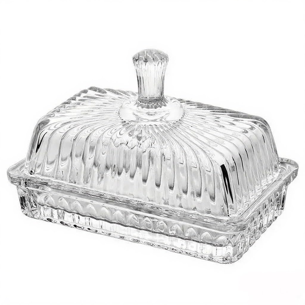 PEPAXON Glass Butter Dish with Lid Transparent Butter Serving Tray Butter Container 16Lx9.5Wx10.8H Centimeter (Long Handle)
