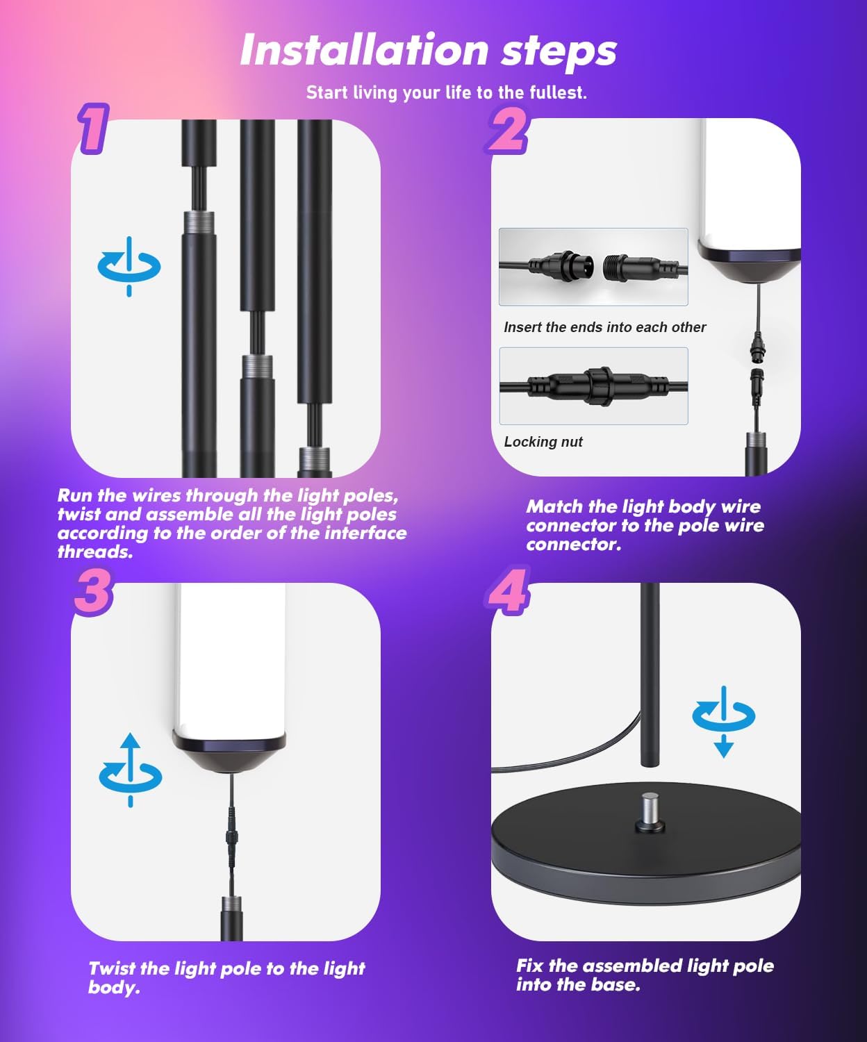 Diagram showing four steps for assembling the floor lamp