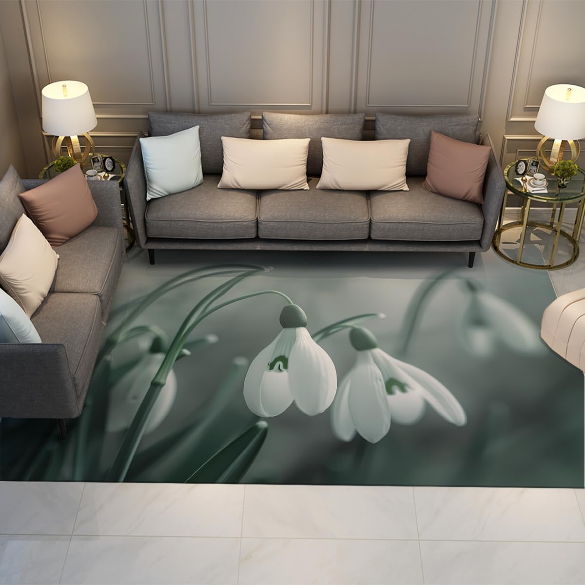 Tapis floral bohème chic antidérapant tapis de salon blanc poil bas 80x150