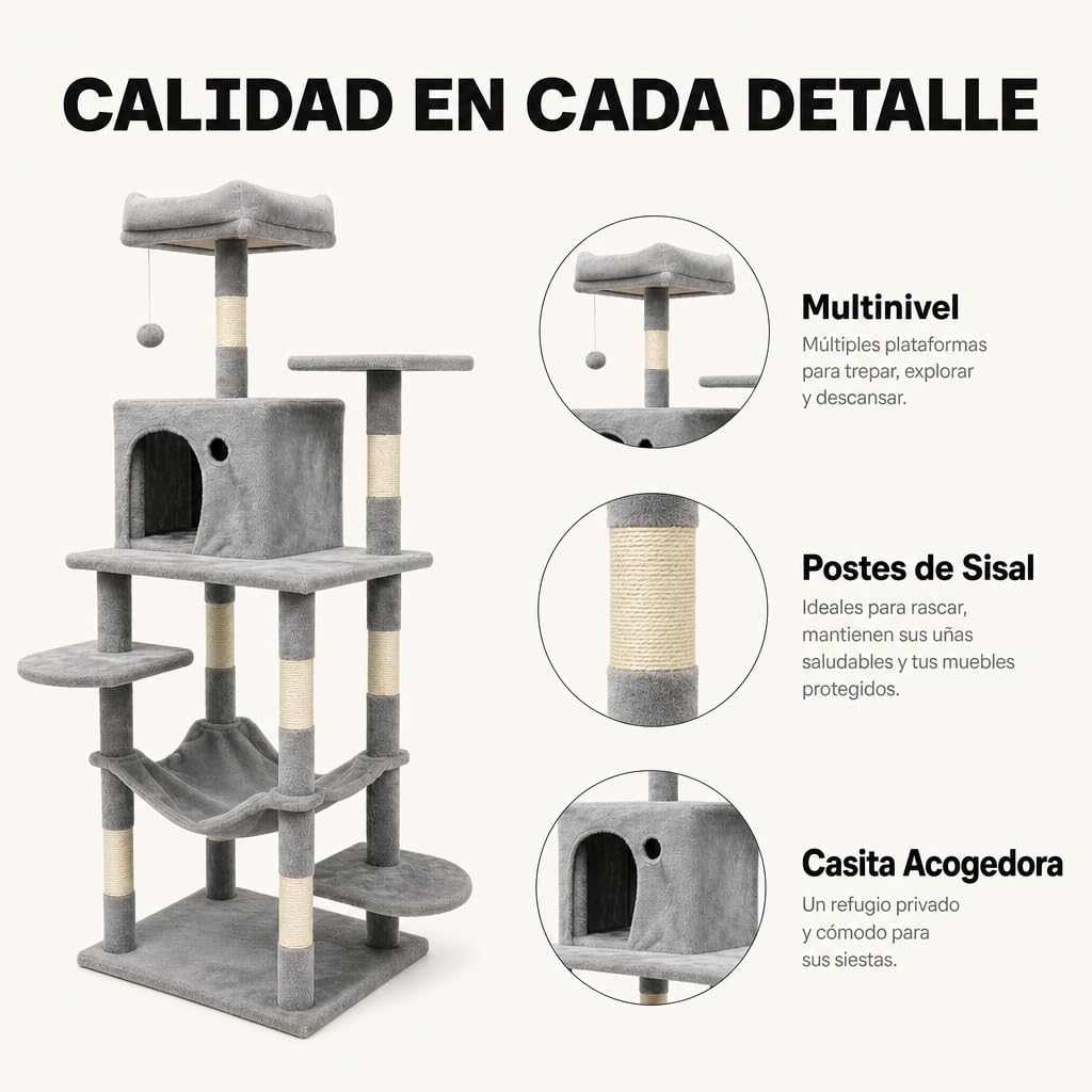 Árbol Rascador Gatos – Torre 4 Niveles con Caseta, Hamaca Cuna, Escalera, Postes Sisal, Juguetes Colgantes, Base 50×35cm, para Gatos Adultos (Gris, 140 cm)