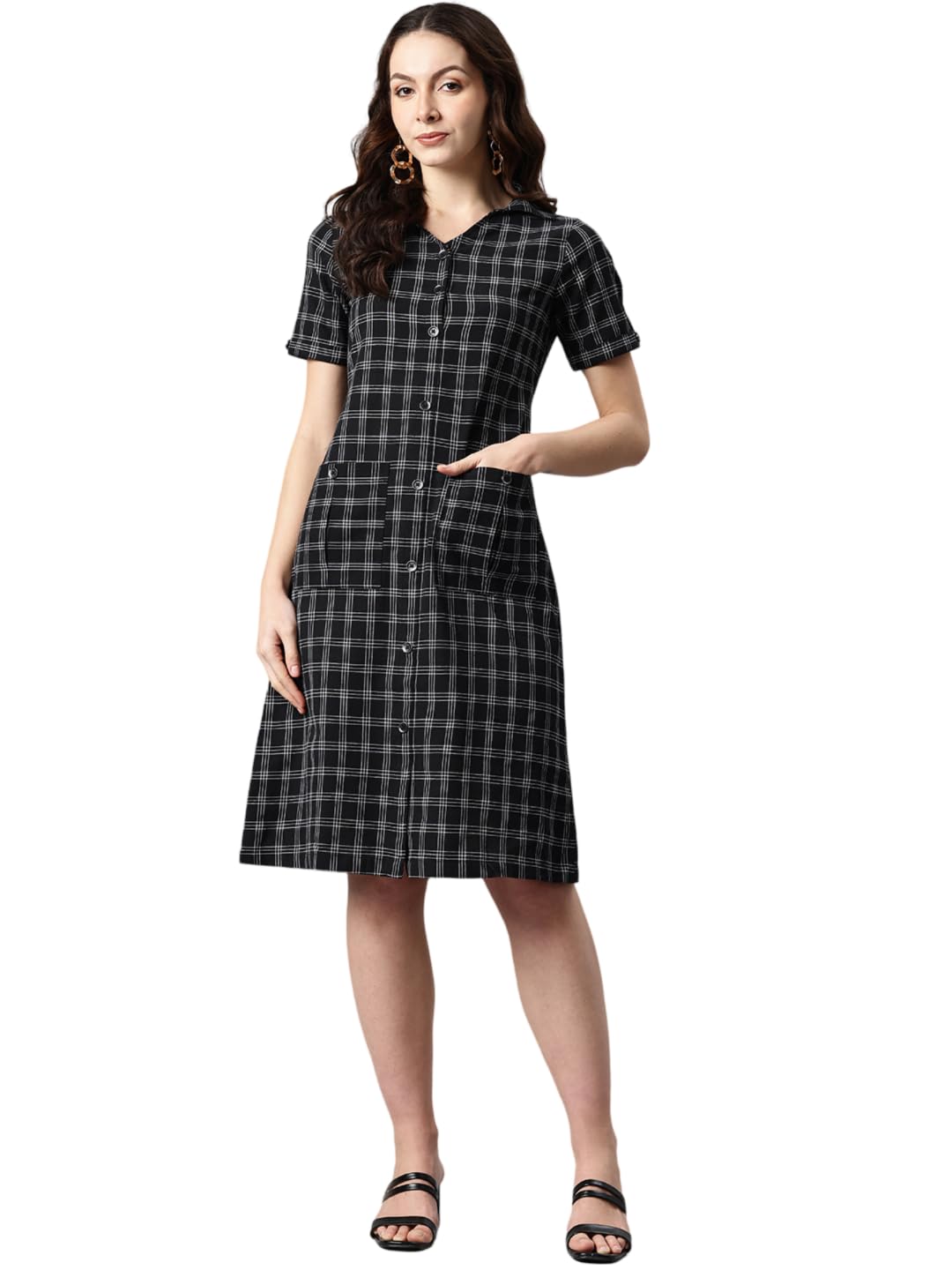 Dennis Lingo Women Black and White Checked Shirt Dress in black