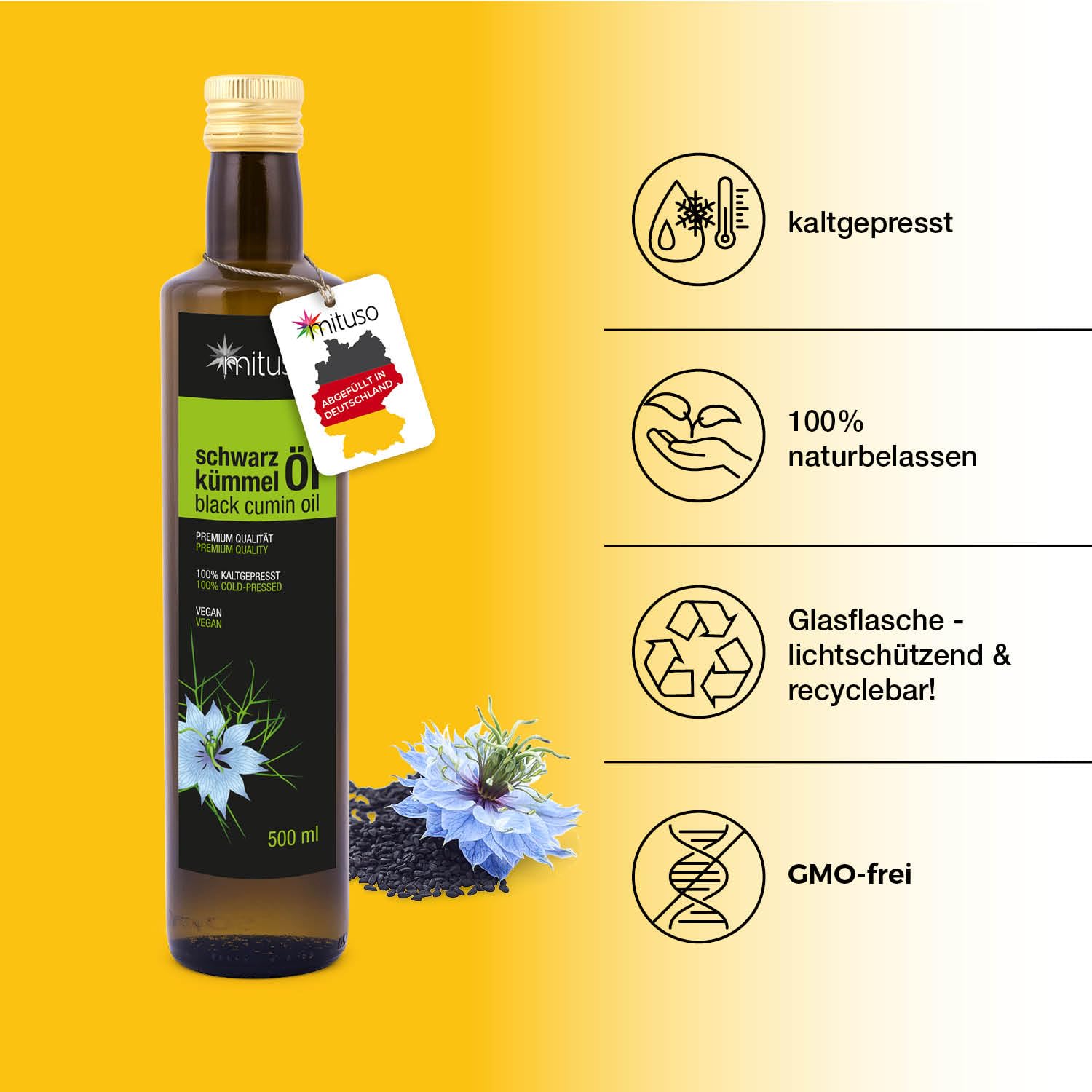 Huile de cumin noir mituso, 100% pur et pressé à froid, 1 paquet (2 x 500 ml)