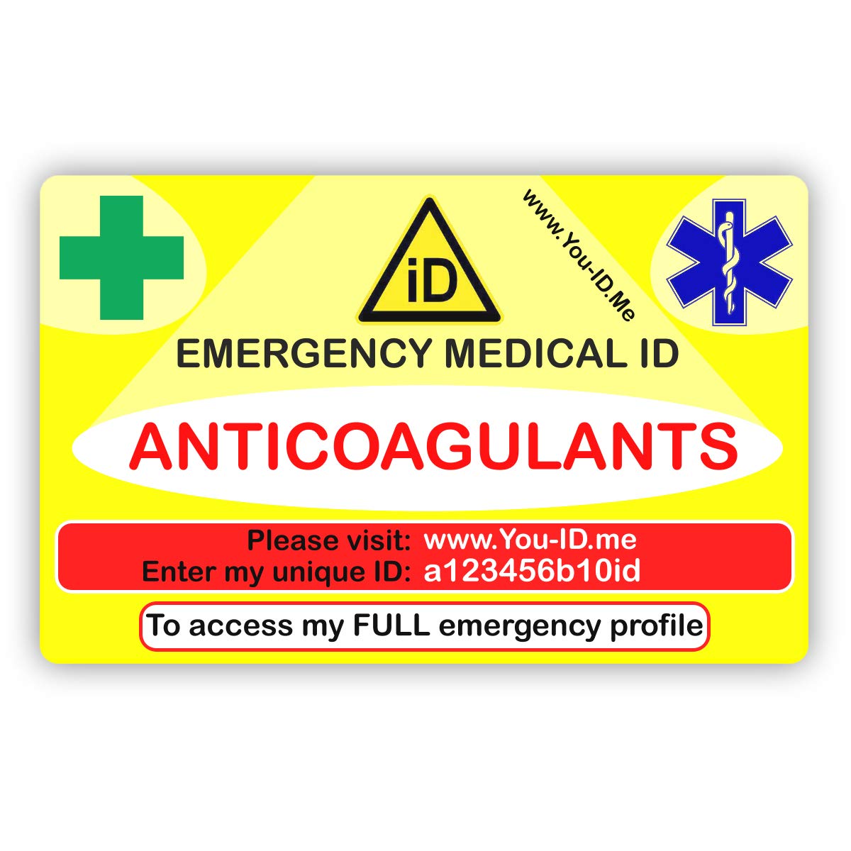 Medical Alert Card, Emergency ID, Medical Identity Card, Personalised to Your Condition, Awareness of Medications, ID and Contact SMS System Options (Anticoagulants)