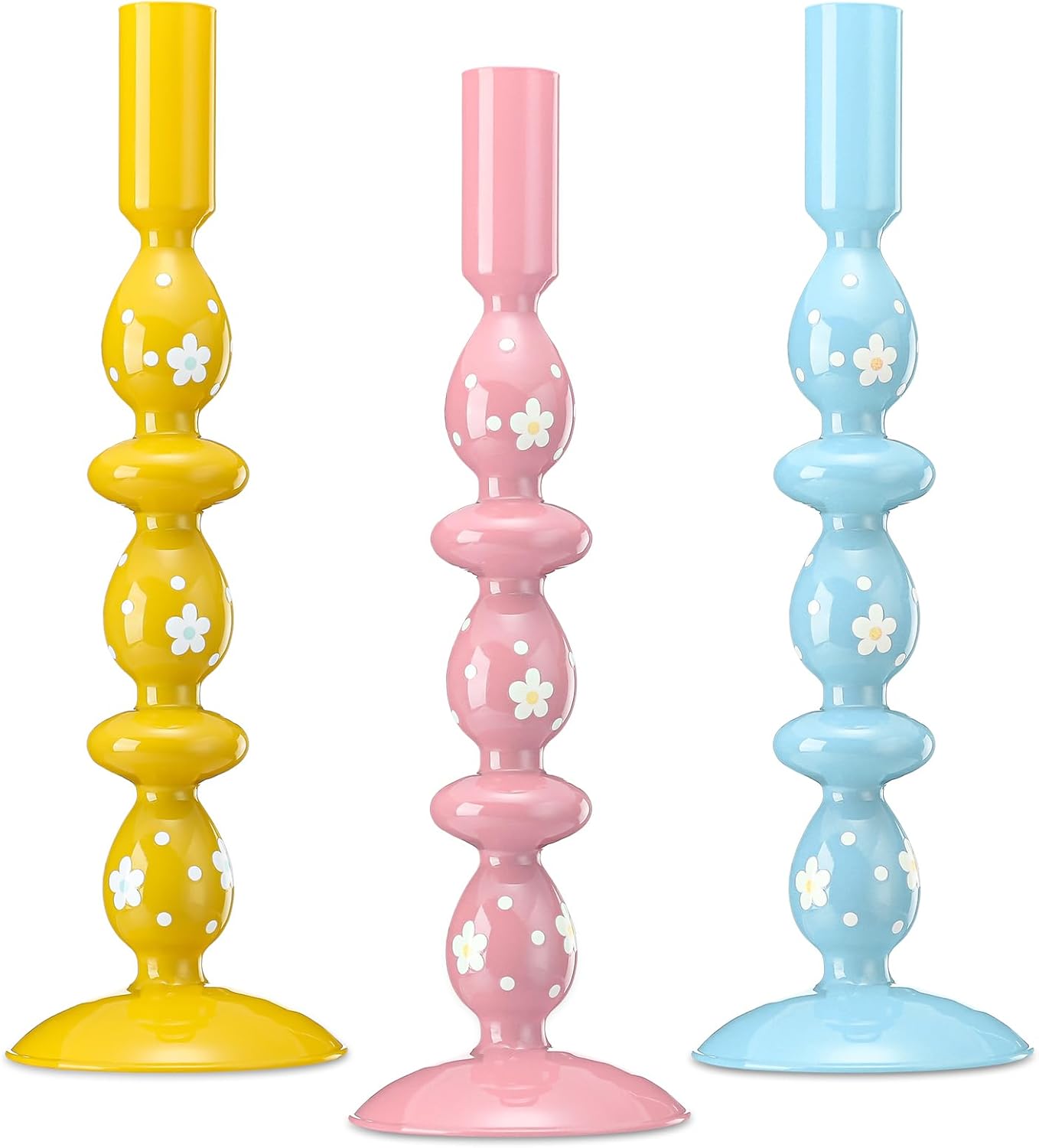 3 Pcs Pastel Easter Glass Candle Holders Set Spring Daisy Egg Taper Candlestick Holders for Spring Easter Home Table Centerpieces Fireplace Mantle Dining Decorations Holiday Office Home Gift