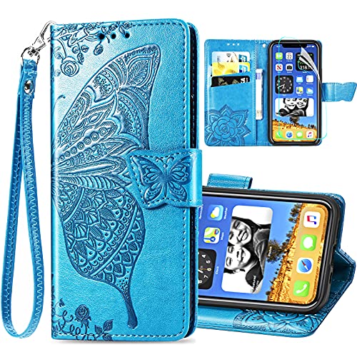 Iphone 11 Case With Screen Protector,Iphone 11 Wallet Case,Iphone 11 Flip Case Pu Leather Emboss Butterfly Flowers Wrist Strap Folio Magnetic Kickstand Cover Card Slots For Iphone 11 M Blue #TOP2