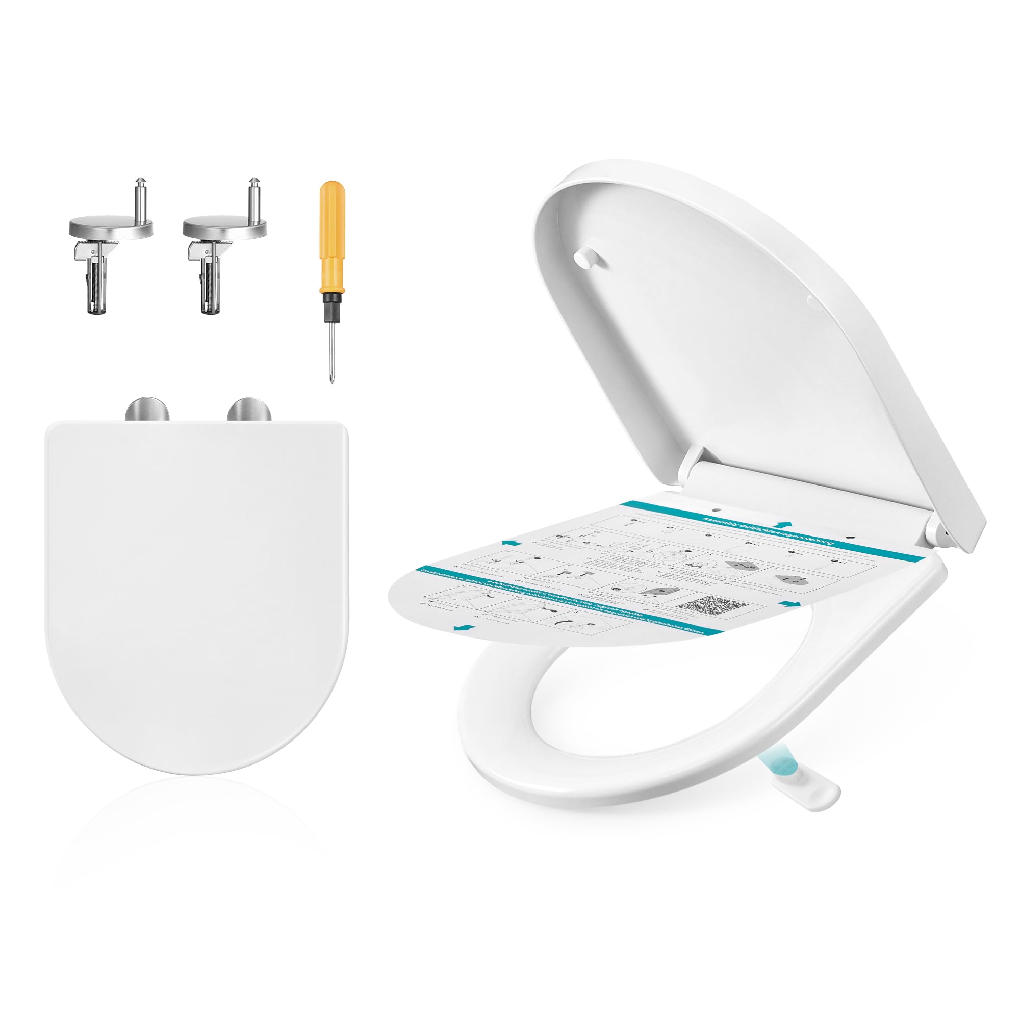 SONGMICS Short D-Shaped Toilet Seat, Soft-Close WC Seat and Lid with Handle, Quick-Release, Easy to Install, PP Plastic, Supports up to 300 kg, White BTL002WZ01