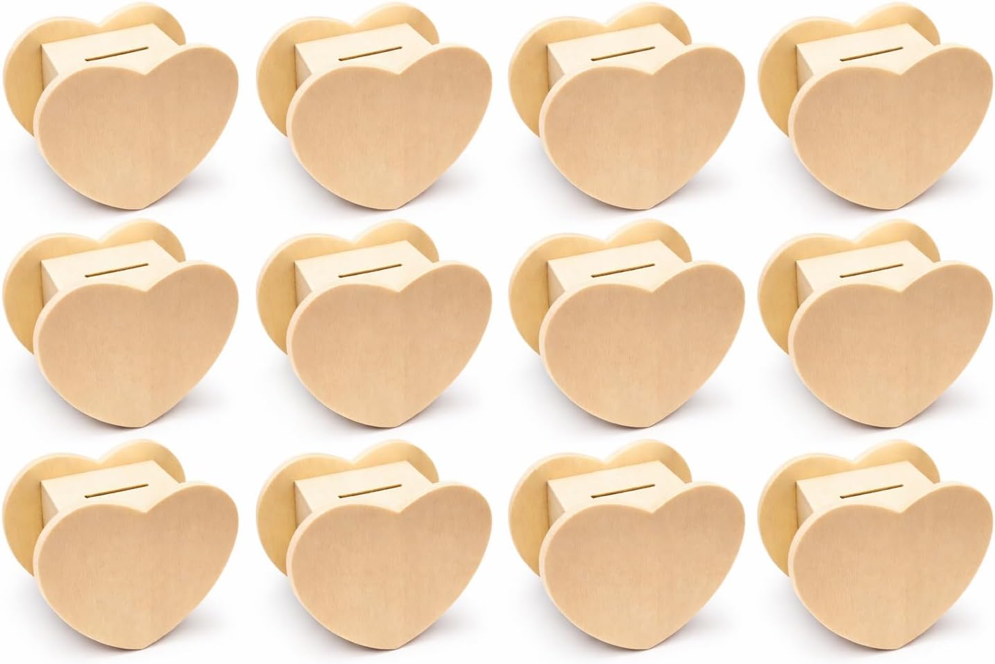 Oojami Set of 12 Classic Heart Shaped Piggy Bank - DIY Craft Kit for Kids, Party Activities and Decorations - Unleash Creativity with Paint Your Own Wooden Piggy Bank in Brown Color
