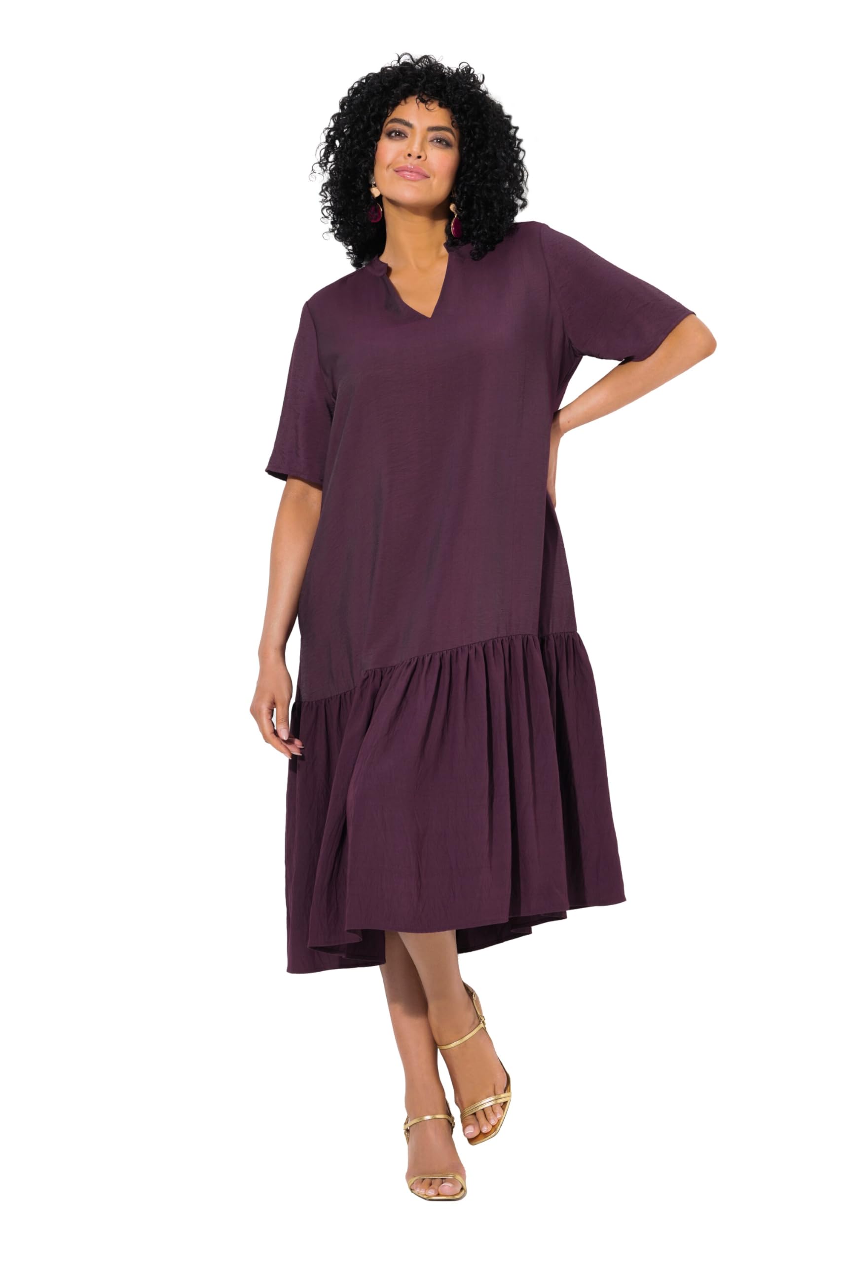 Ulla Popken Damen große Größen Übergrößen Plus Size Midikleid, Volantsaum, A-Linie, V-Ausschnitt, Halbarm 840367