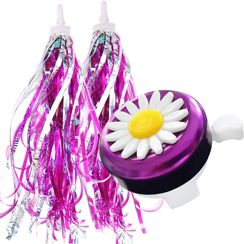 Kids Bike Bell and Streamers for Girls - 1 Pack Flower Bicycle Bell with 2 Pack Bike Streamers for Children's Bike Accessories