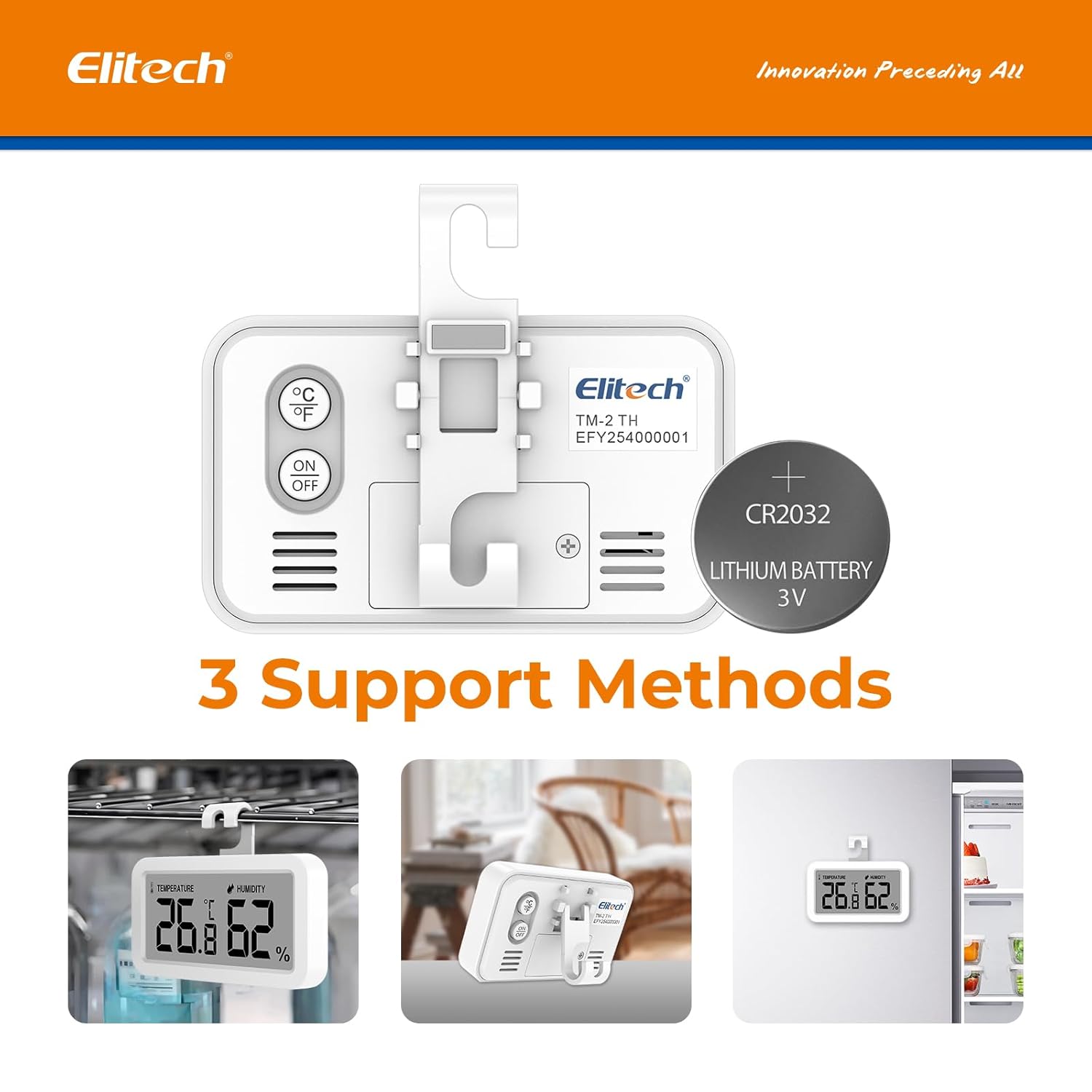 Elitech TM-2TH showing three support methods: hook, stand, and magnet
