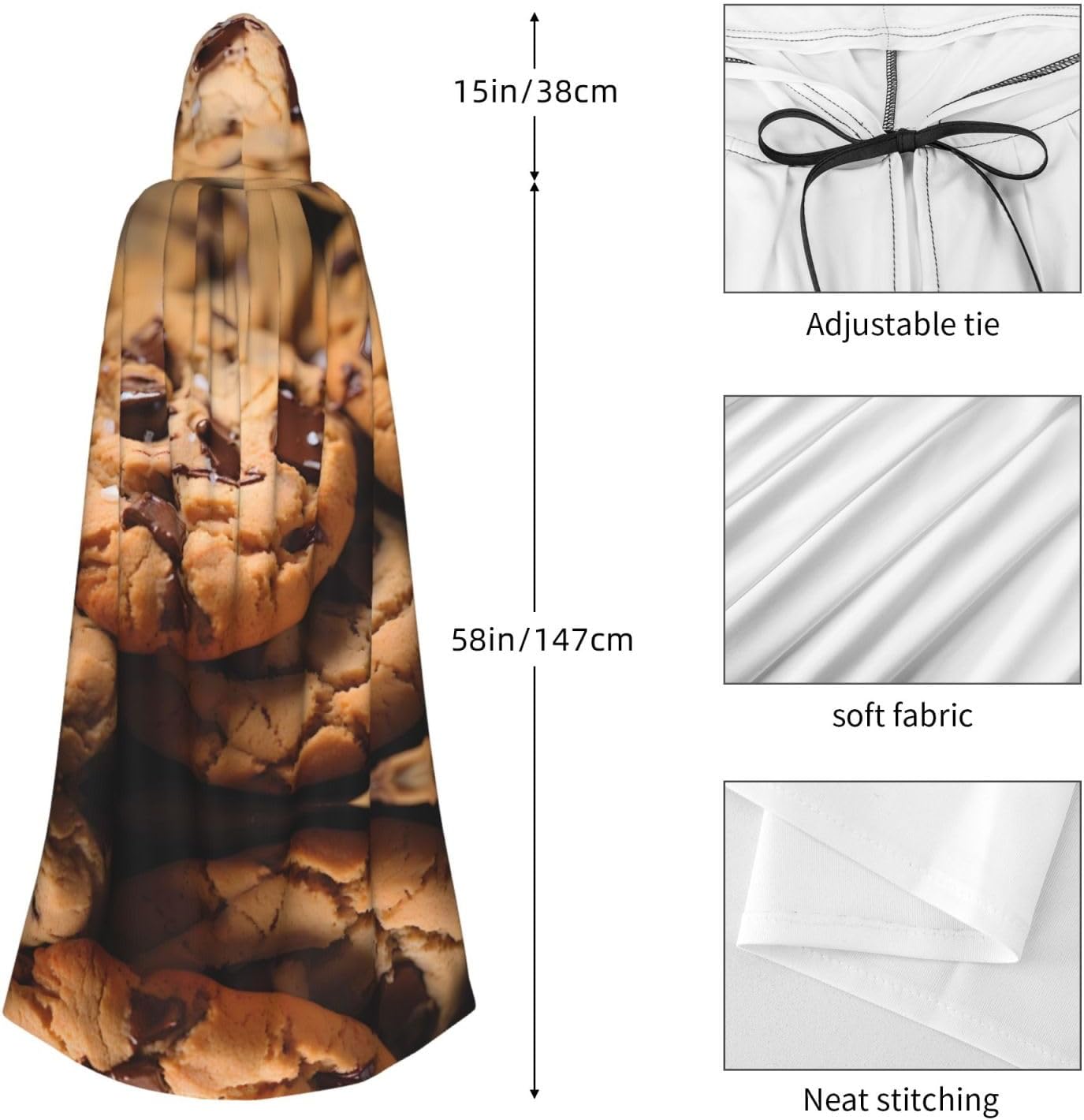 Carnival robe costume masquerade, chocolate chip cookie patterned hooded cape, suitable for Christmas Halloween role play