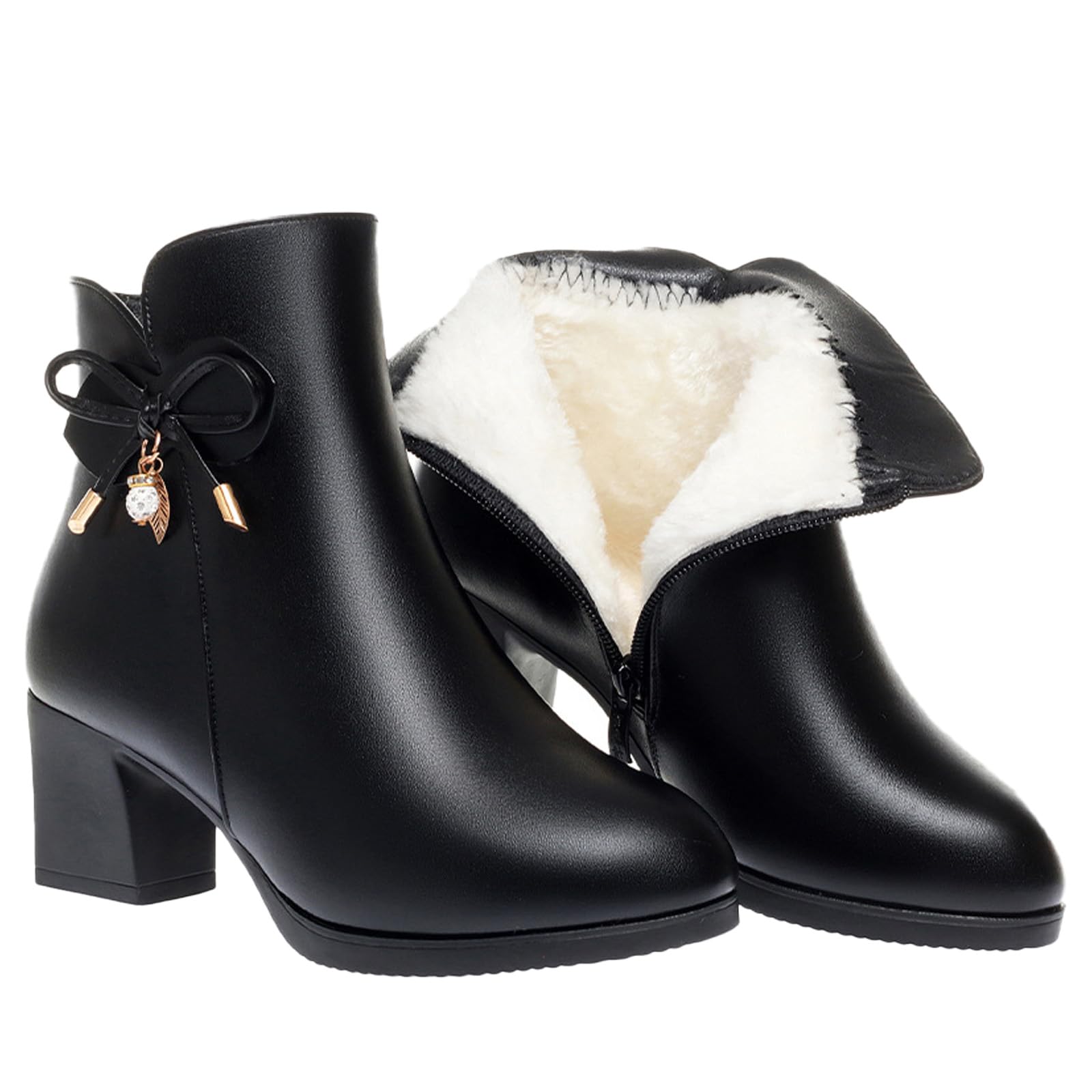 Womens Winter Warm Chunky heel Ankle Boots Comfortable Soft Leather Side Zipper Bow Rhinestones Fur Lined Thickening Snow