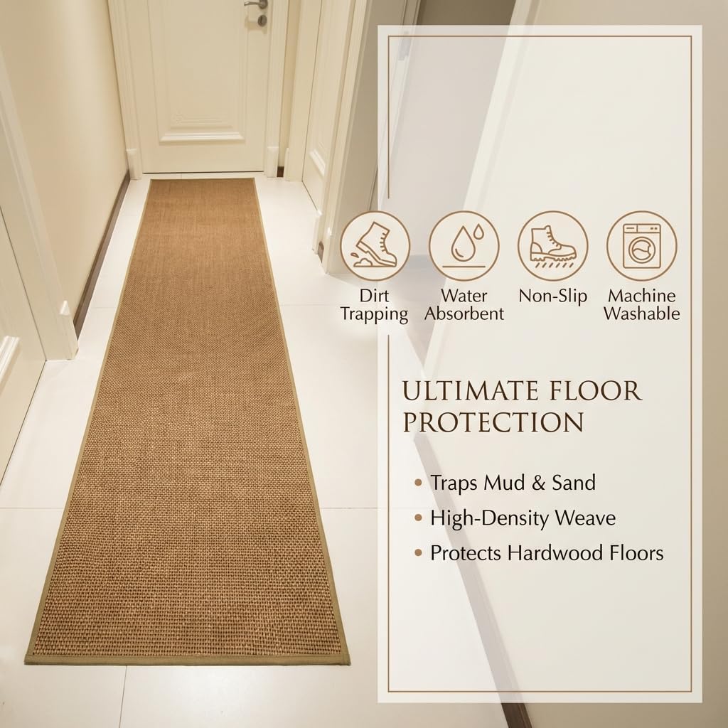 Washable Faux Jute Area Rug, 2' x 8' Low-Pile Indoor Rug, Soft Natural Look Farmhouse Rug for Living Room Bedroom, Non-Shedding & Stain Resistant, Pet & Kid Friendly, Brown