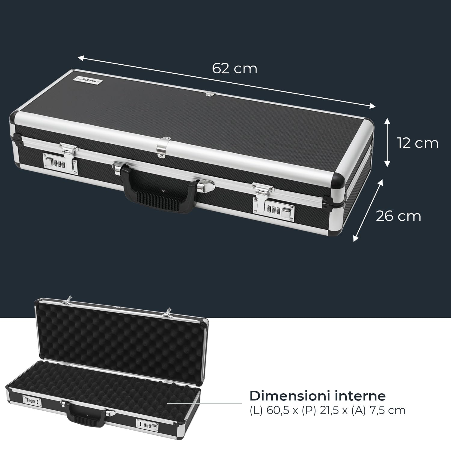 HMF 14433-02 Valise en aluminium pour armes à feu avec serrure à combinaison | 62 x 26 x 12 cm | Noir