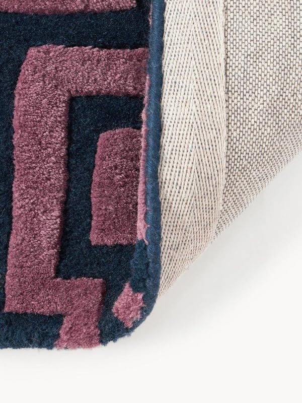 Geometric Maze Pattern Area Rug 10x14 ft, Pink & Navy Blue Handmade Tufted Wool Carpet, Thick Plush Soft Modern Designer Rug for Living Room Bedroom Home Décor