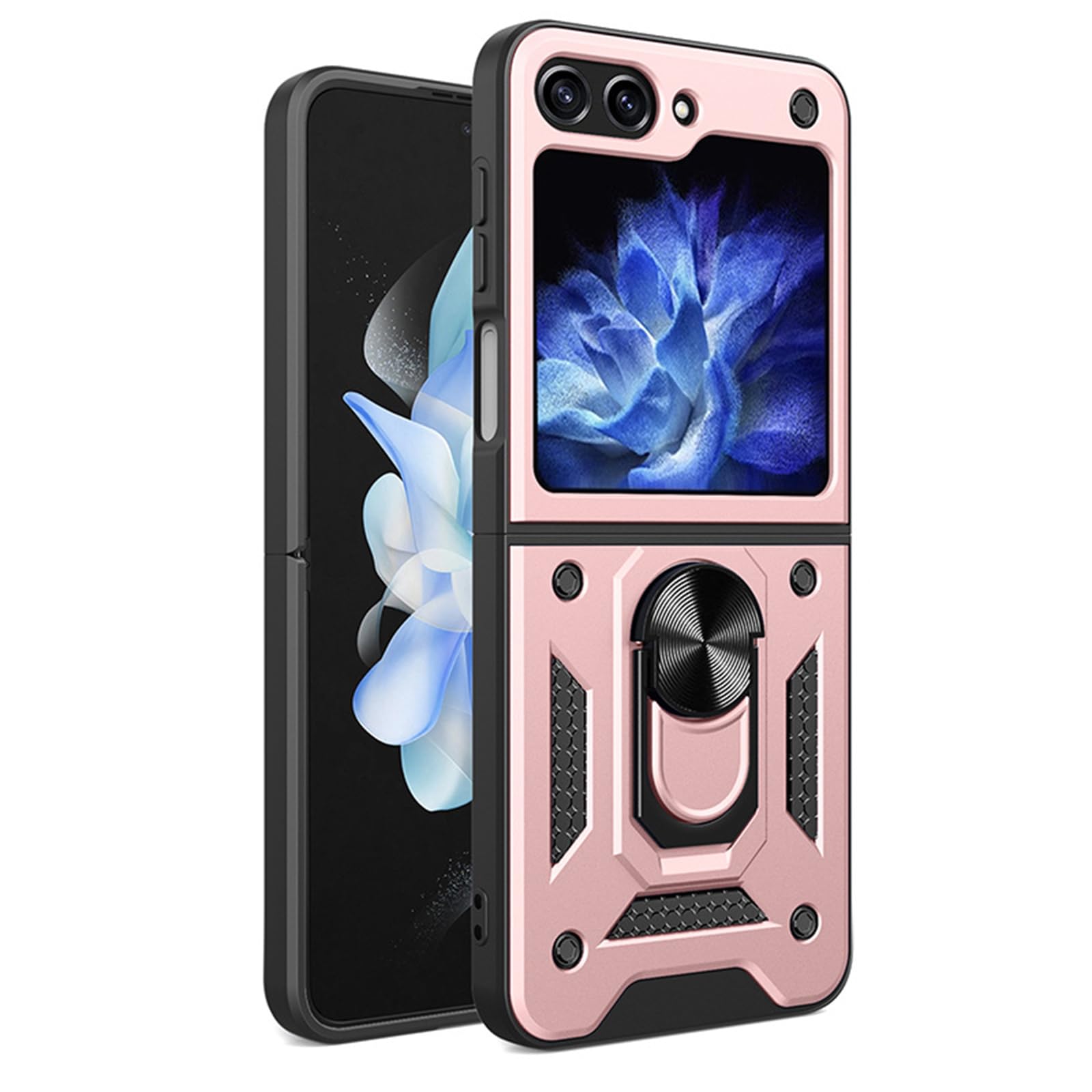 Moda Custodia per Samsung Galaxy Z Flip 6,Hard PC Robusta Cover Assorbimento Magnetico Supporto Ad Anello in Metallo Caso,Rosa,Z Flip 6