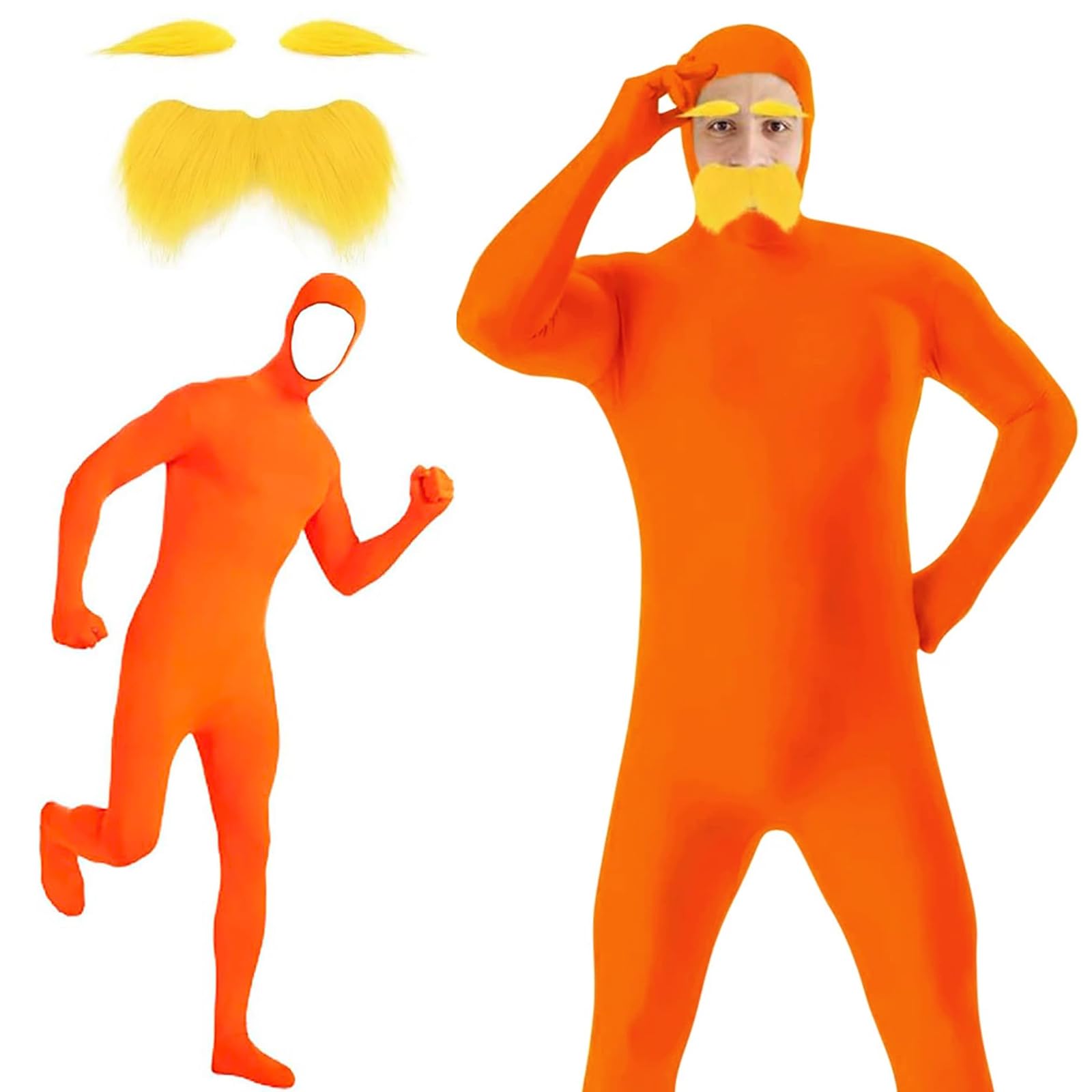 Orange Jumpsuit Costume, Carnival Costume, 2 PCS Orange Costume with 1 Orange Body Suit + 1 Yellow Mustache and Eyebrows, Full Body Suit with Exposed Face for Halloween Christmas Carnival Adults