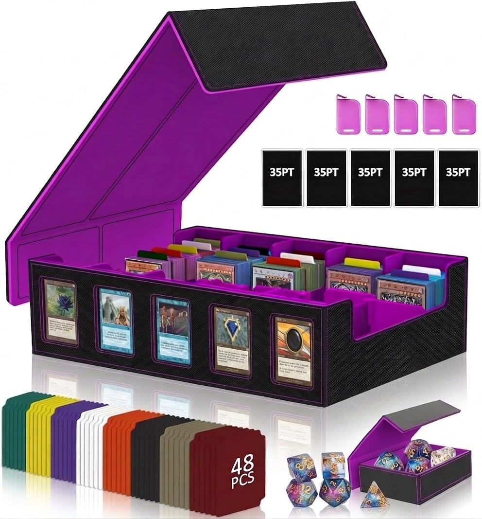 Cyperever Purple Trading Card Storage Box Mtg Deck Box Tcg Card Case 5-Row Card Storage Box For Graded Card Storage, Fits 3900+ Cards 5 Toploaders 5 Stoppers 48 Dividers 1 Dice Tray (5-Row, )
