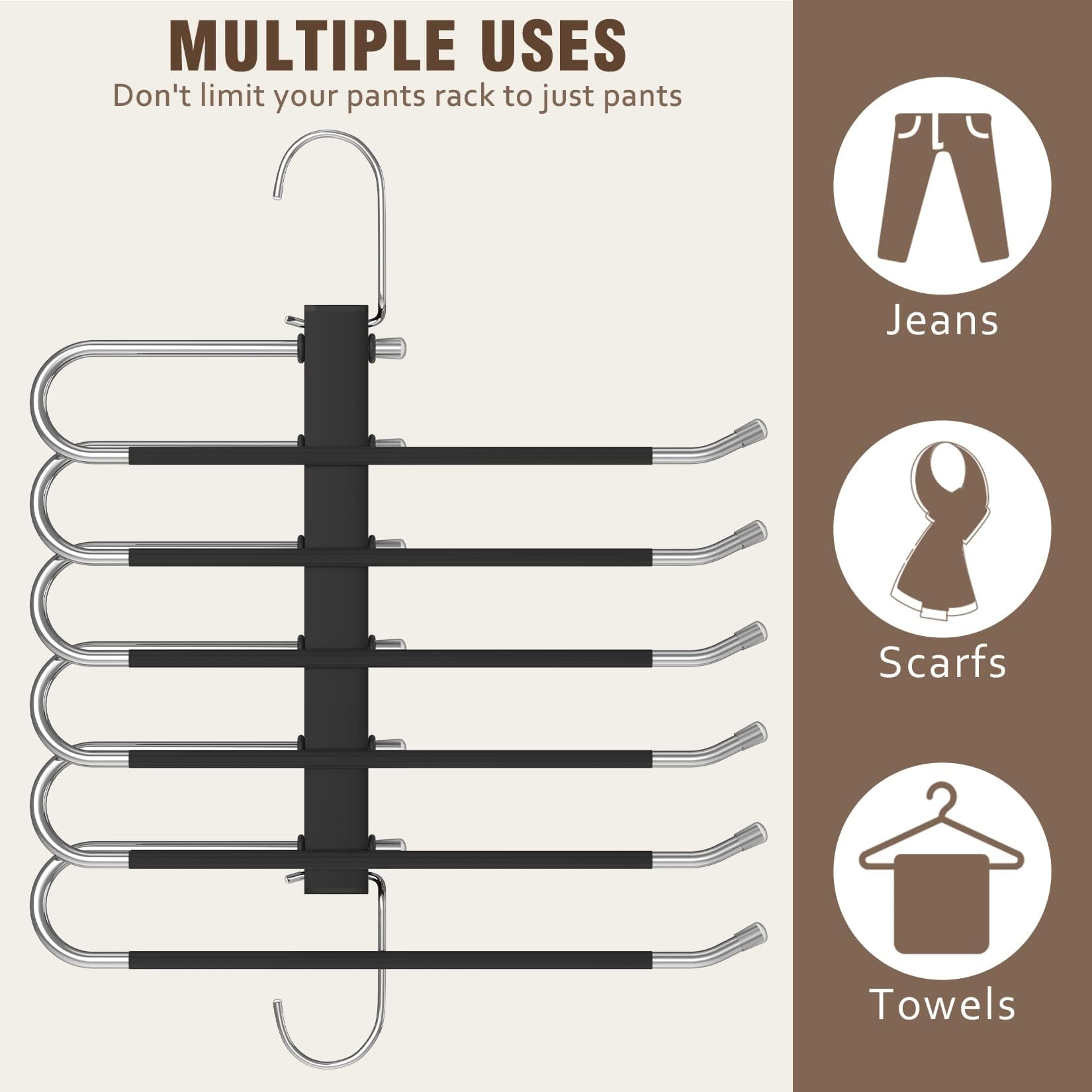𝐍𝐞𝐰𝐞𝐬𝐭 Pant Hangers Space Saving - 2 Pack for Closet, Multi Functional Pants Rack, Upgraded Anti-Slip Pants Organizer & Jean Hangers for Closet Suit for Trousers Scarf Slack (Black)