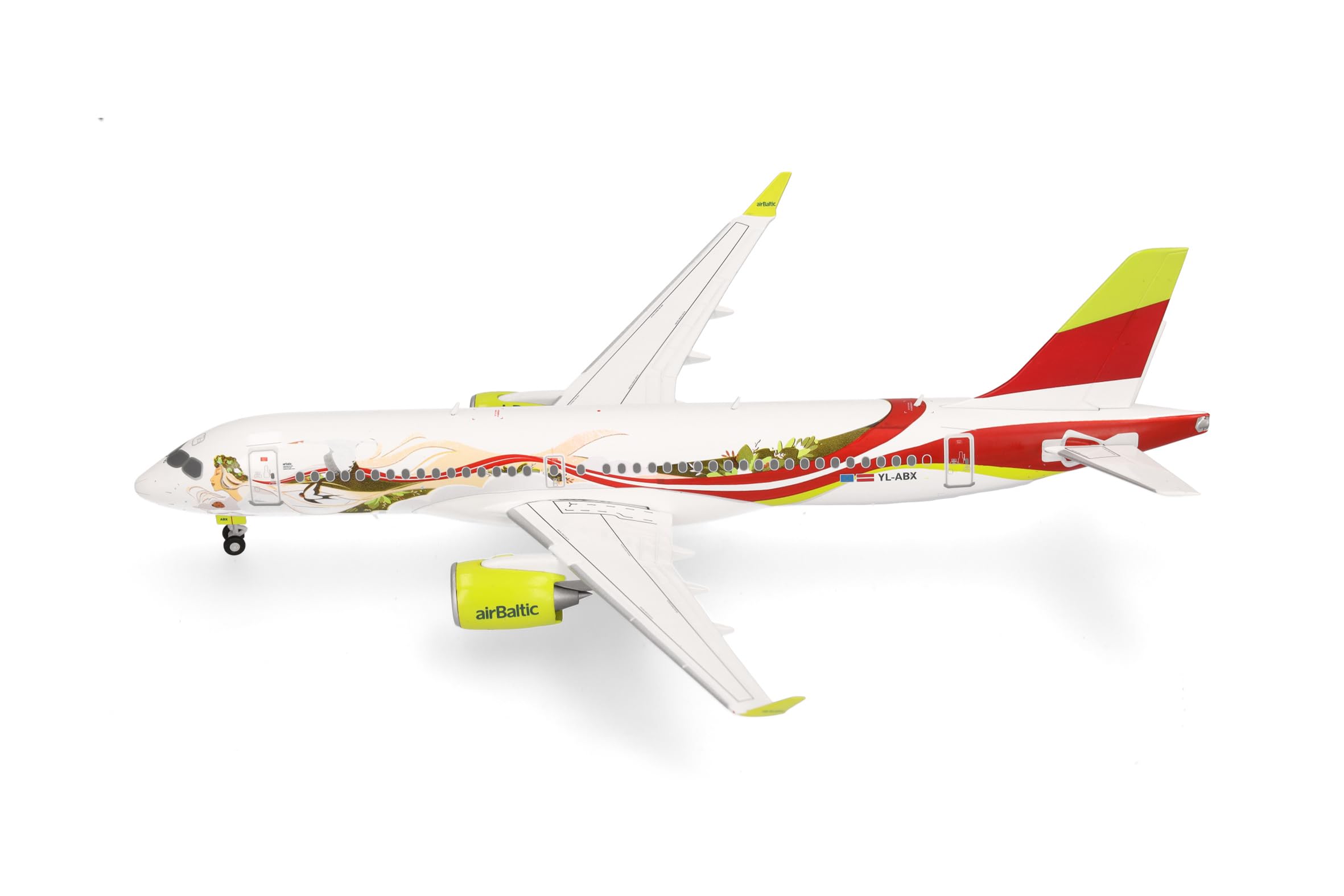 Herpa Modellflugzeug airBaltic Airbus A220-300 50th A220 - YL-ABX, Miniatur im Maßstab 1:200, Sammlerstück, Flugzeug Modell ohne Standfuß, Metall