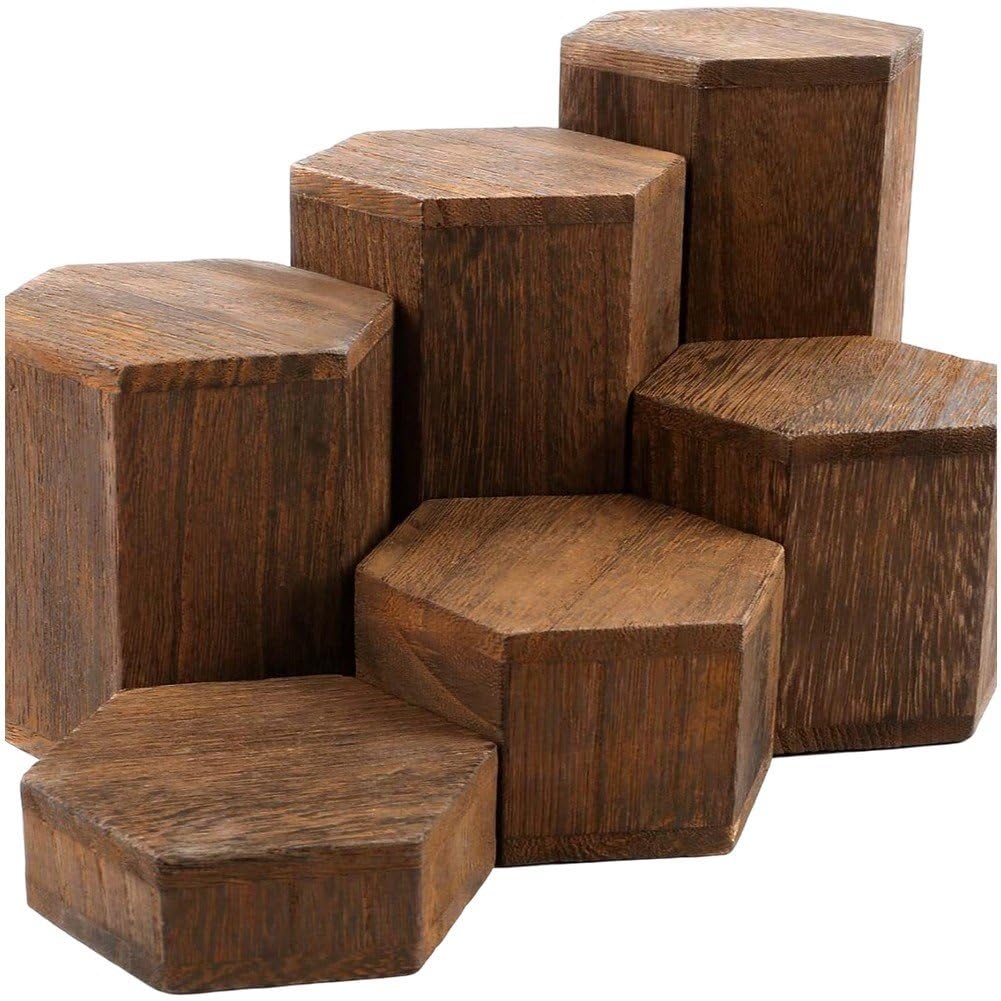 Fituenly 6pcs Wooden Hexagon Risers for Jewelry & Accessories Display, Vintage Brown Wood Figurine Stand for Bracelet Necklace Perfume