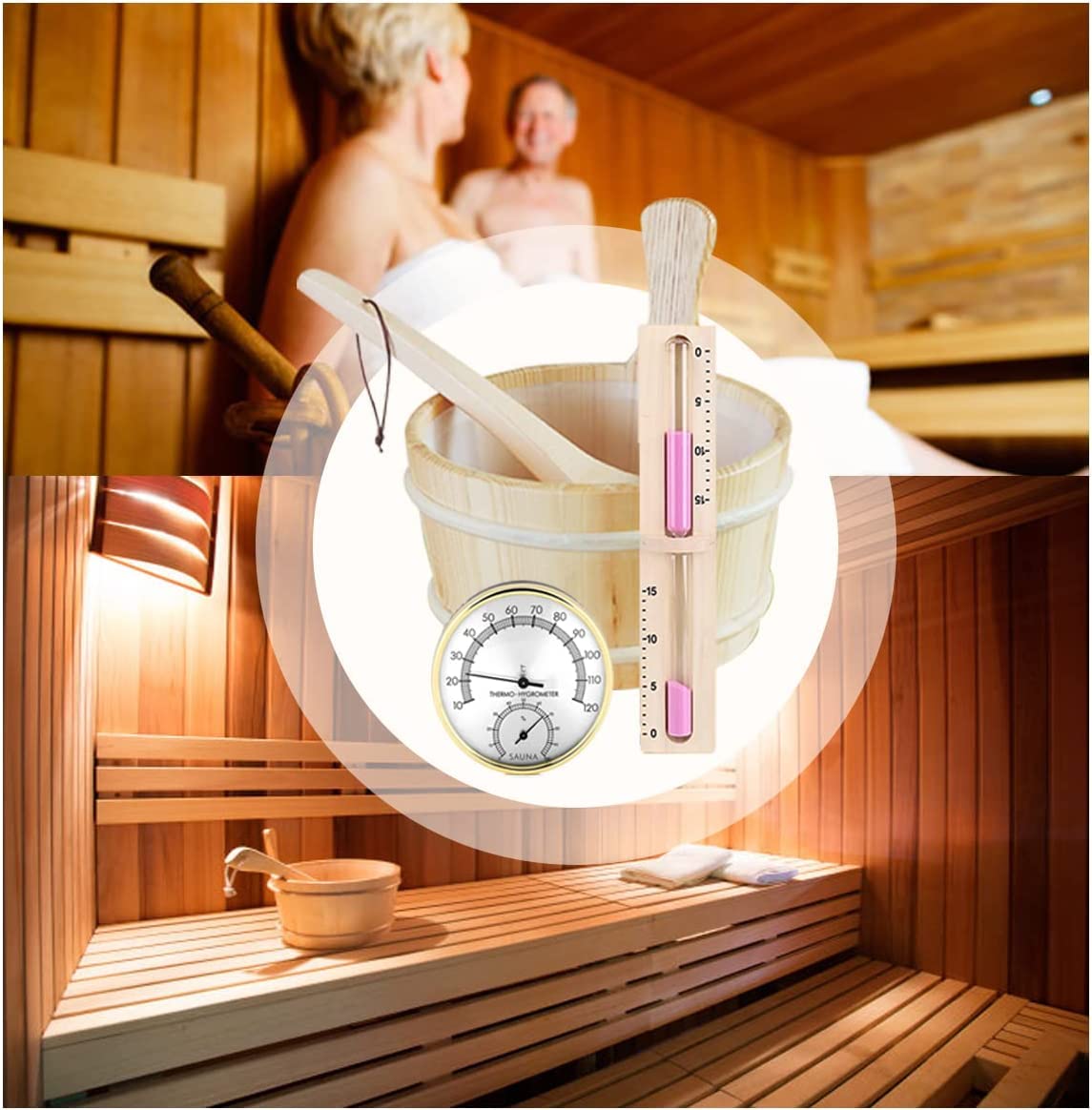 Cubo Sauna, 4 L Juego Completo Sauna Cubo Sauna con Cucharón Madera Pino Finlandés Accesorios Sauna Cubo Sauna Cubo Infusión (Cubo Sauna + Cucharón + Termómetro Higrómetro + Reloj Arena)