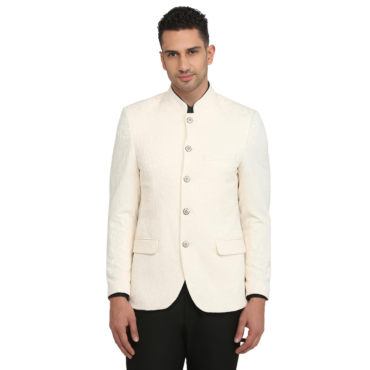 Men Regular Fit Jacquard Pattern Polyester Elastane Blend Stand Collar Full Sleeve Formal Jacket