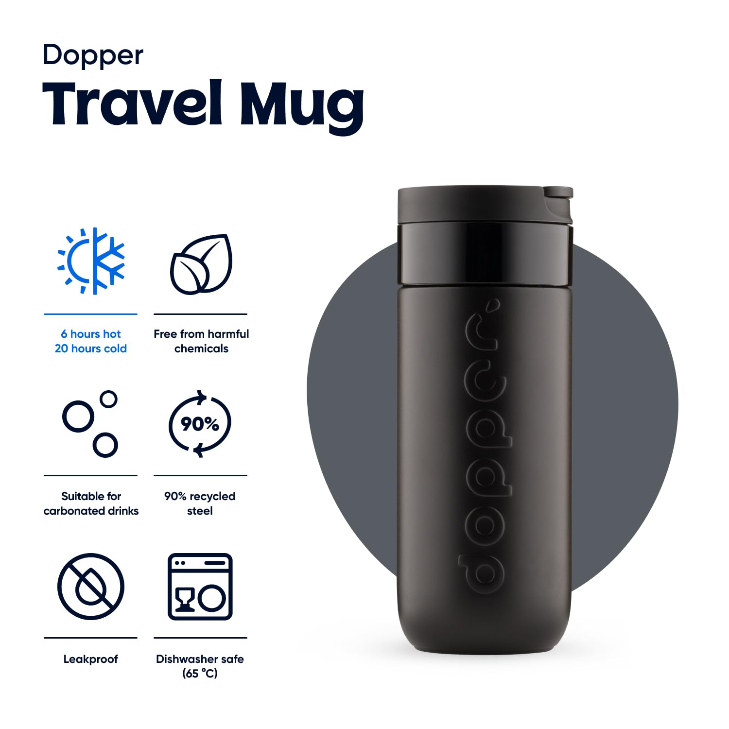 Dopper Mug de voyage isotherme 400 ml, noir blazing – Gobelet isotherme anti-fuite pour boissons gazeuses, 6h chaud/20h froid, 90 % acier inoxydable recyclé