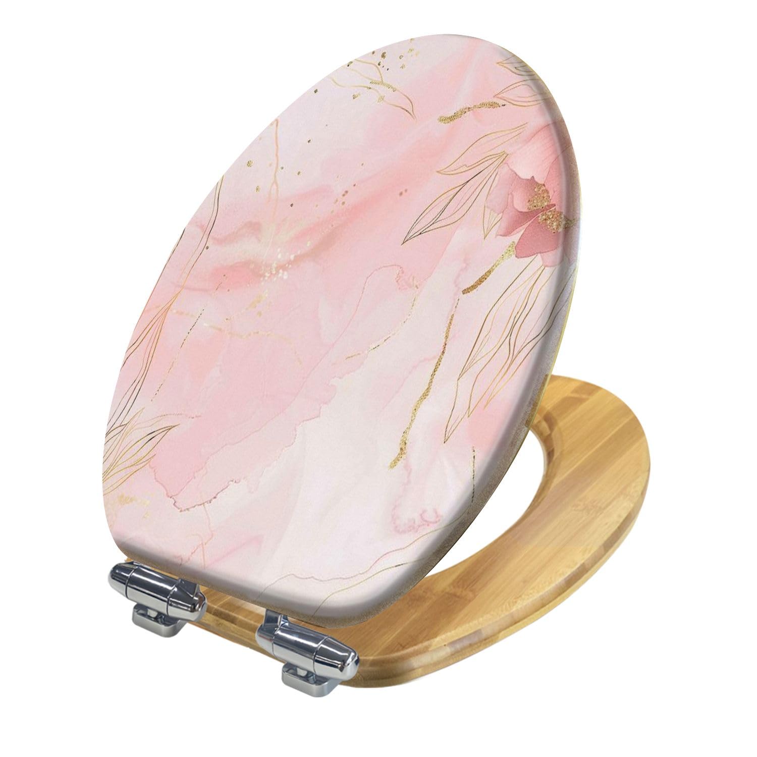 Sedile WC Allungato con Copriwater Dal Design Floreale Astratto, Rosa Cipria E Oro, Facile Da Installare, Chiusura Silenziosa, Cerniere A Sgancio Rapido, Elemento Decorativo per Il Bagno.